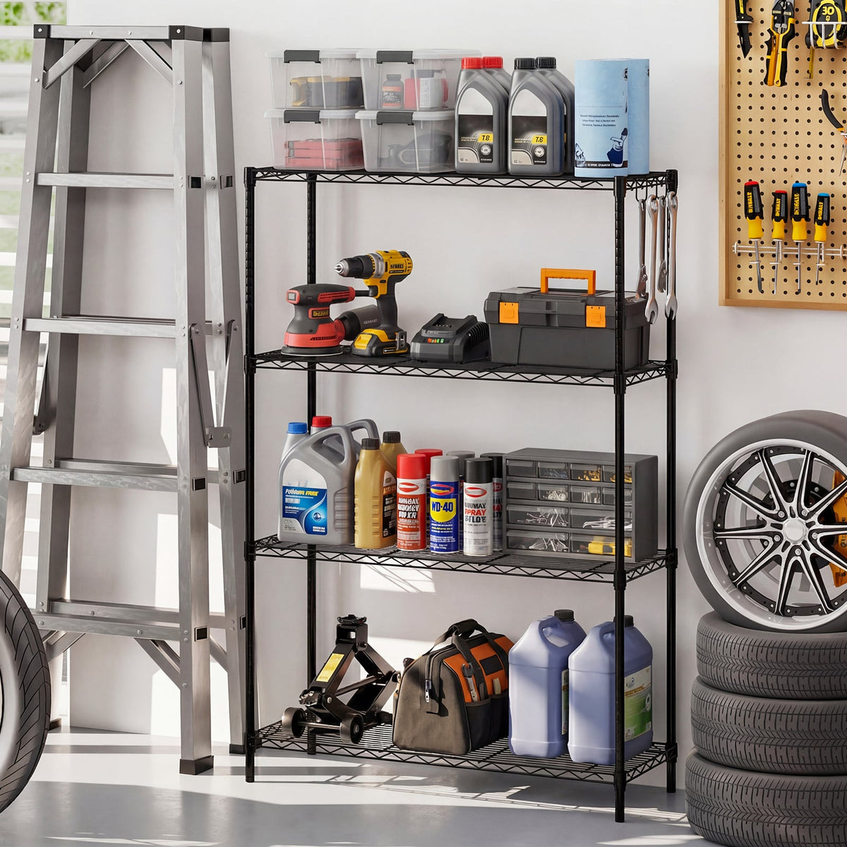 4-Tier Metal Storage Shelving Unit with V-Shaped Wire Rack and 1000 LBS Capacity-Black-Garages-DECOROLALA