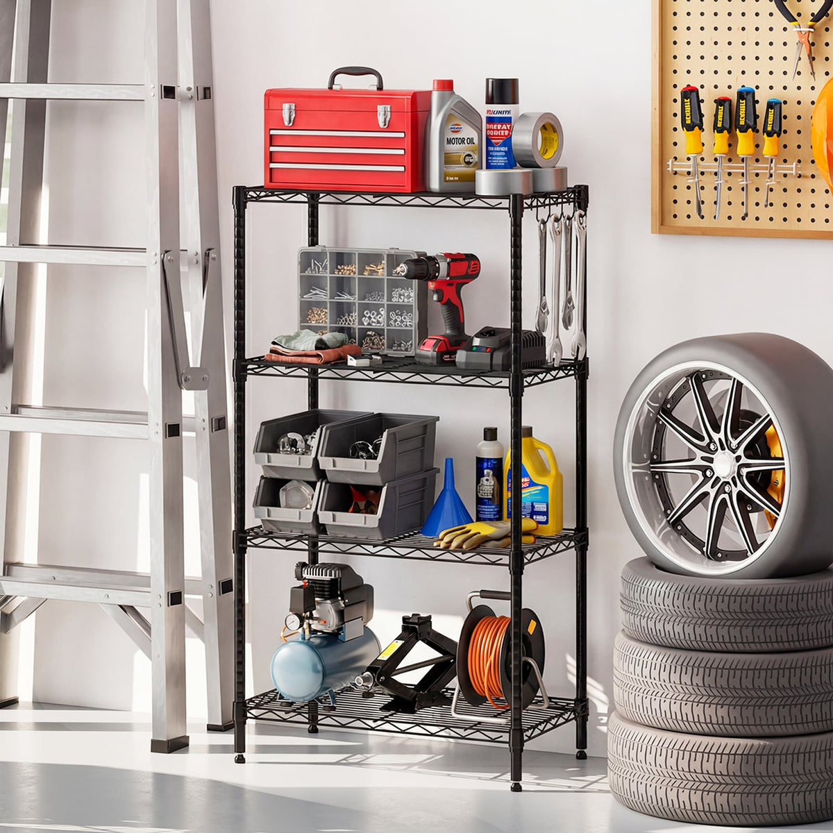 4-Tier Metal Storage Shelving Unit with V-Shaped Wire Rack and 600 LBS Capacity-Black-Garages-DECOROLALA