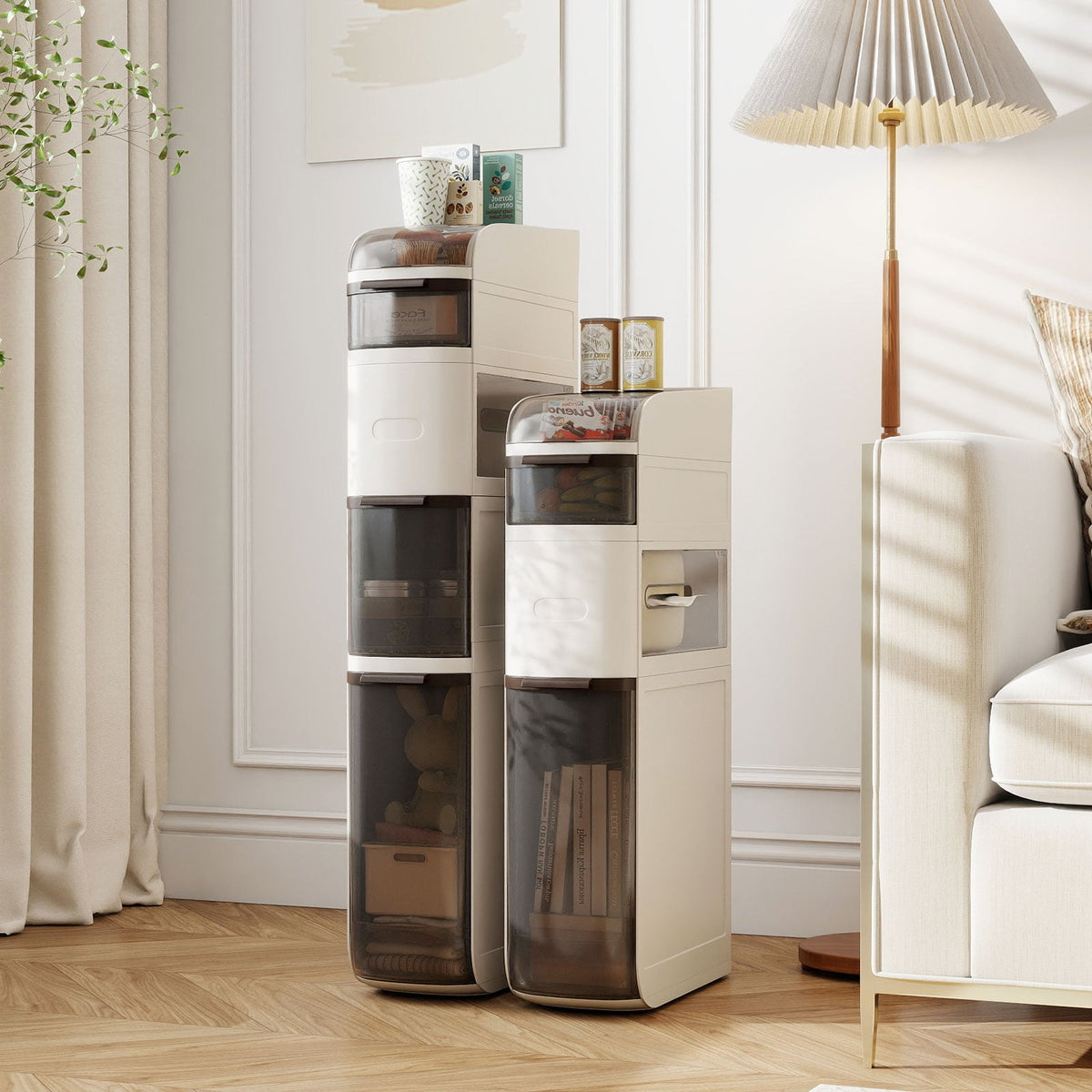 4-Tier Narrow Bathroom Storage Cabinet - 7" Wide White with Wheels-Floor Cabinets-DECOROLALA