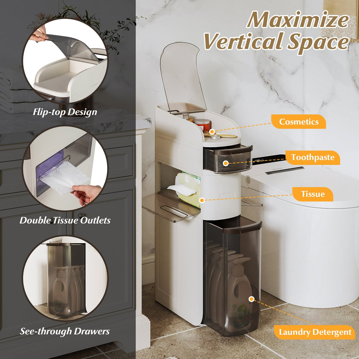 4-Tier Narrow Bathroom Storage Cabinet - 7" Wide White with Wheels-Floor Cabinets-DECOROLALA