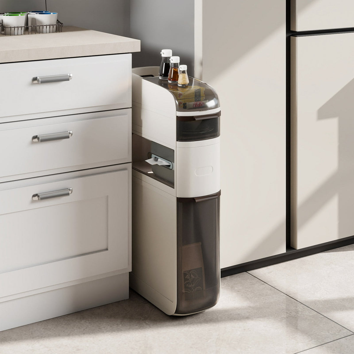 4-Tier Narrow Bathroom Storage Cabinet - 7" Wide White with Wheels-Floor Cabinets-DECOROLALA