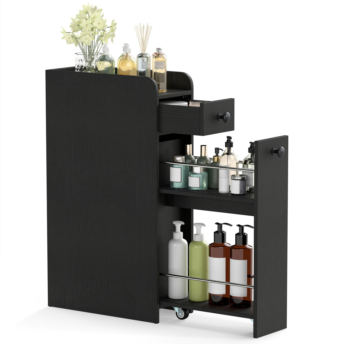 4-Tier Narrow Bathroom Storage Cabinet with Casters - Black-Floor Cabinets-DECOROLALA