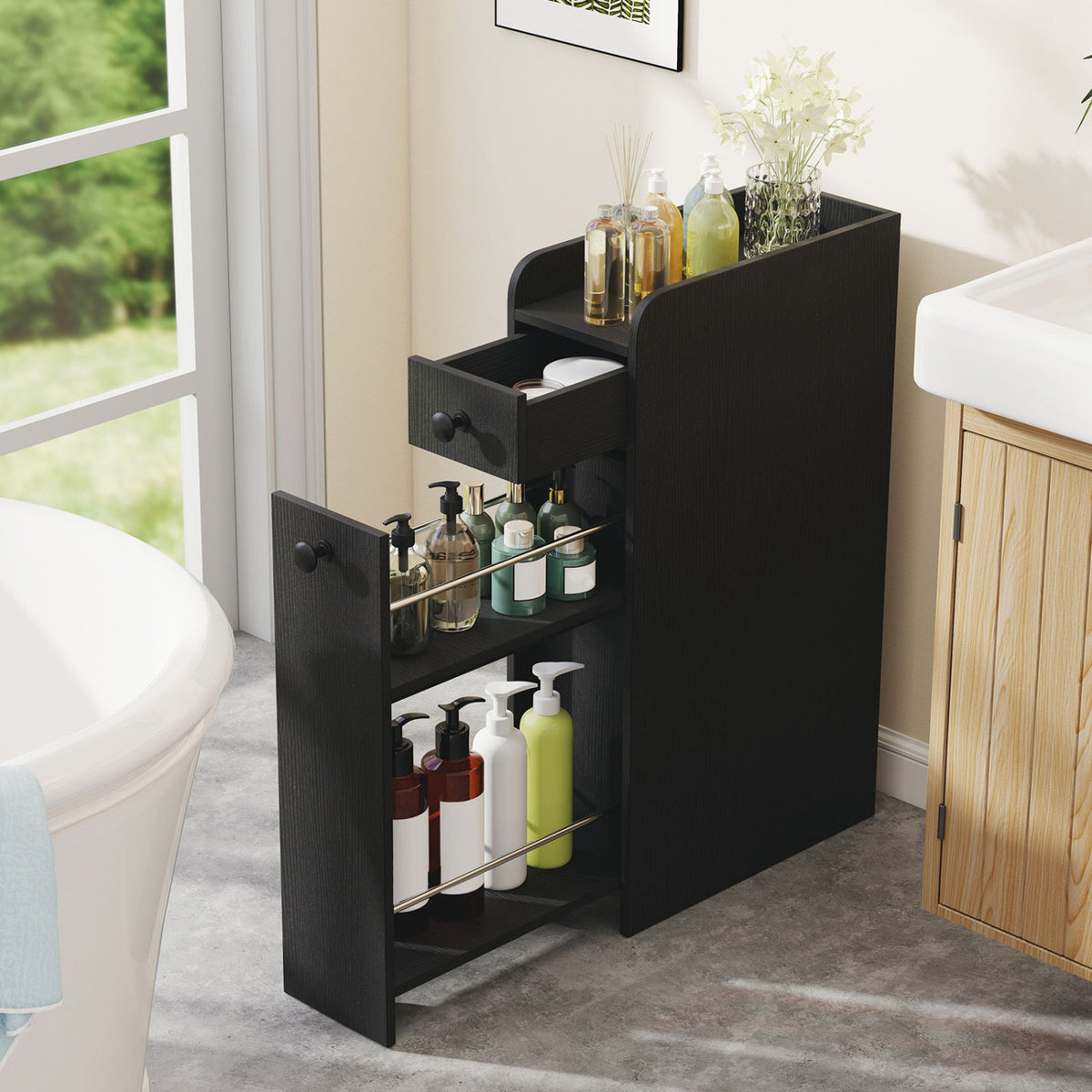 4-Tier Narrow Bathroom Storage Cabinet with Casters - Black-Floor Cabinets-DECOROLALA