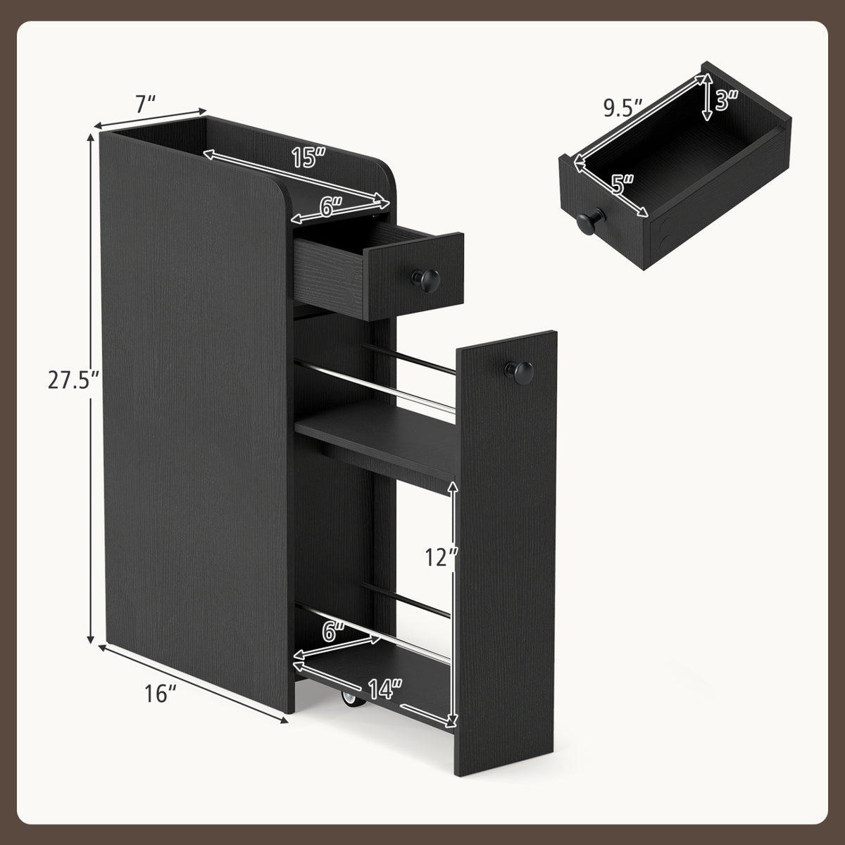4-Tier Narrow Bathroom Storage Cabinet with Casters - Black-Floor Cabinets-DECOROLALA