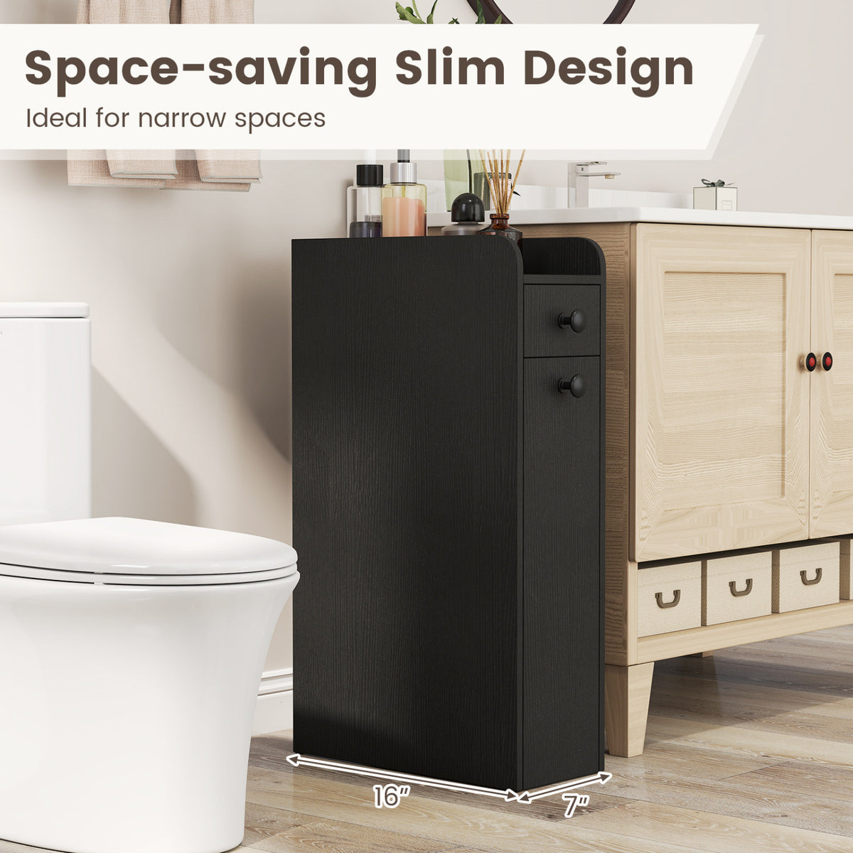 4-Tier Narrow Bathroom Storage Cabinet with Casters - Black-Floor Cabinets-DECOROLALA