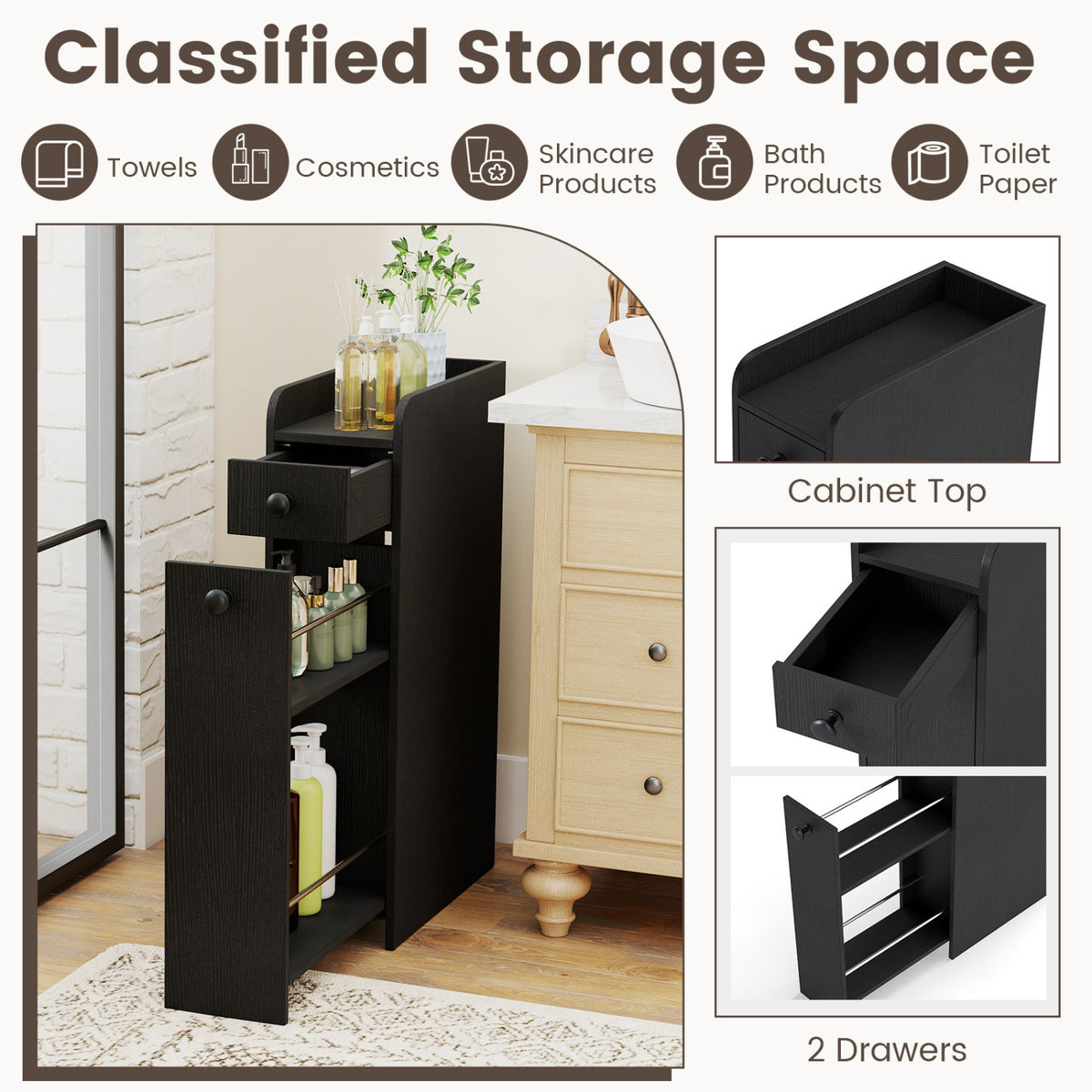 4-Tier Narrow Bathroom Storage Cabinet with Casters - Black-Floor Cabinets-DECOROLALA