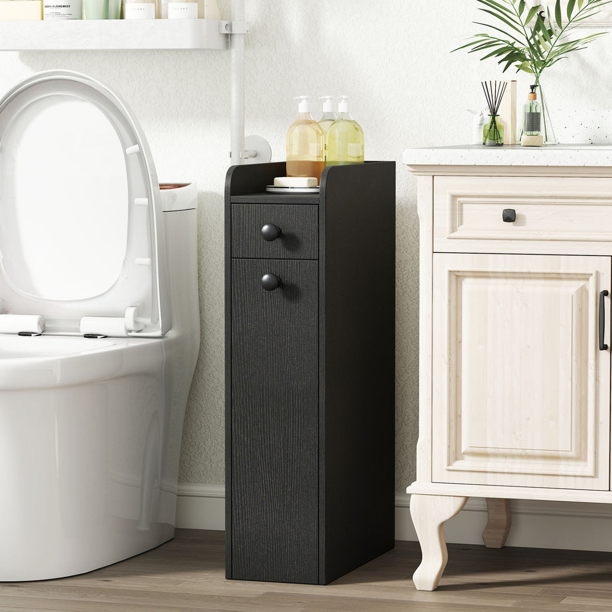 4-Tier Narrow Bathroom Storage Cabinet with Casters - Black-Floor Cabinets-DECOROLALA