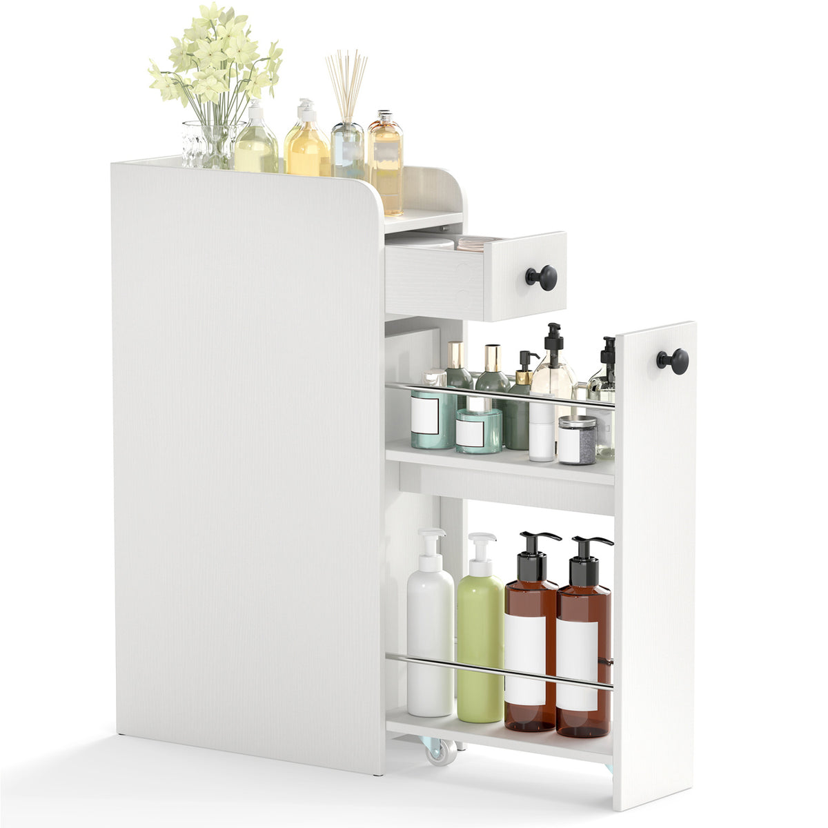 4-Tier Narrow Bathroom Storage Cabinet with Casters - White-Floor Cabinets-DECOROLALA