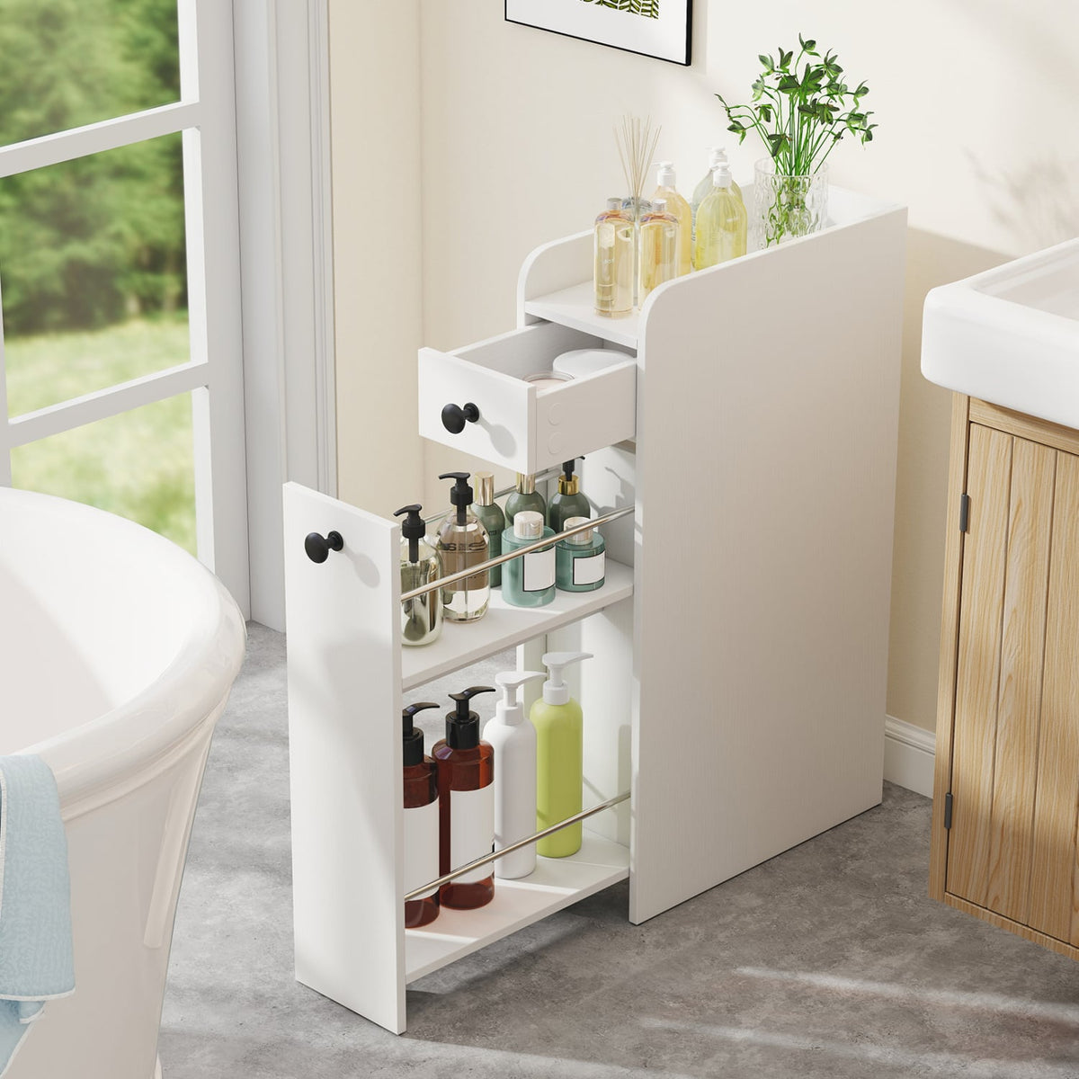 4-Tier Narrow Bathroom Storage Cabinet with Casters - White-Floor Cabinets-DECOROLALA