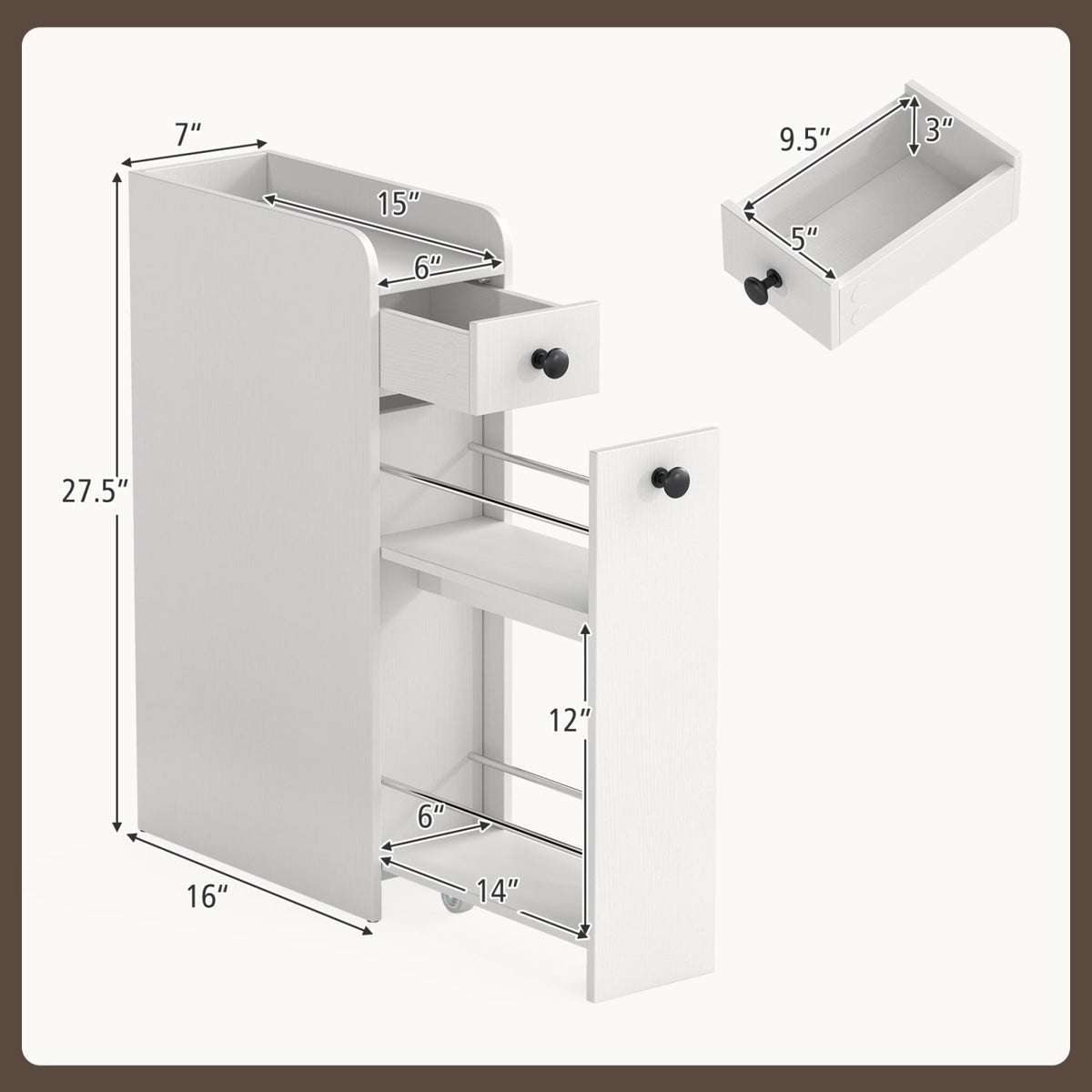 4-Tier Narrow Bathroom Storage Cabinet with Casters - White-Floor Cabinets-DECOROLALA