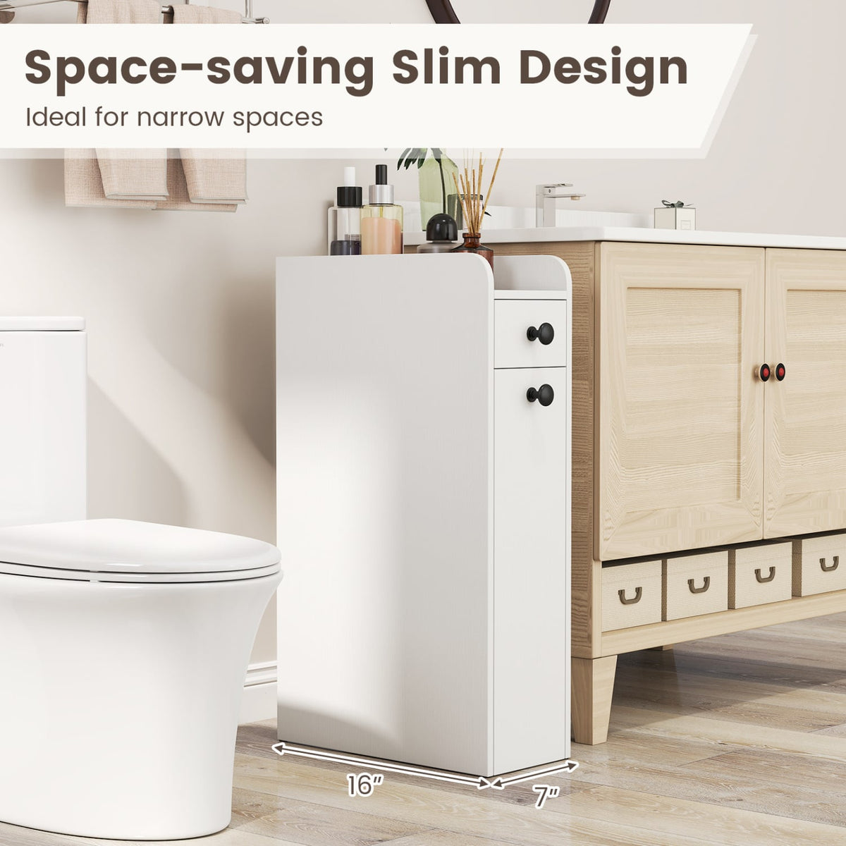4-Tier Narrow Bathroom Storage Cabinet with Casters - White-Floor Cabinets-DECOROLALA