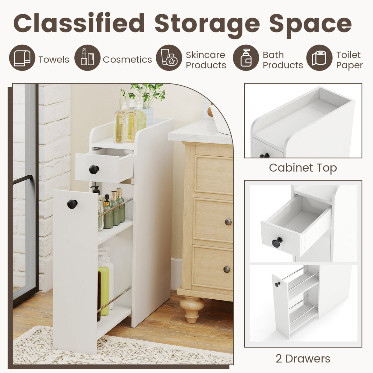 4-Tier Narrow Bathroom Storage Cabinet with Casters - White-Floor Cabinets-DECOROLALA