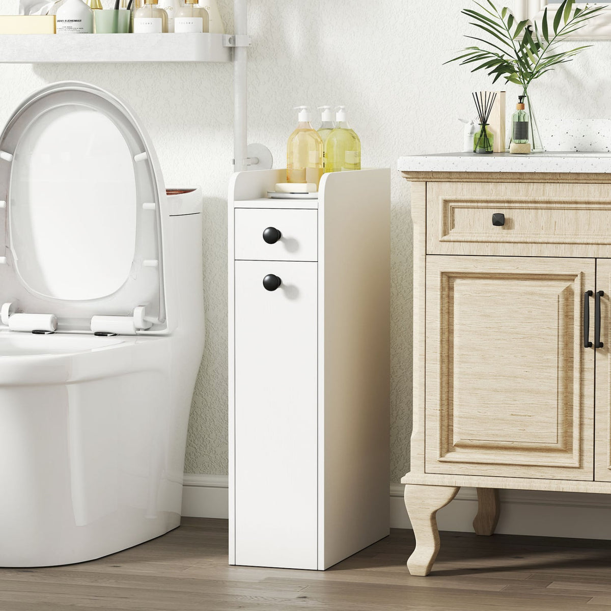 4-Tier Narrow Bathroom Storage Cabinet with Casters - White-Floor Cabinets-DECOROLALA