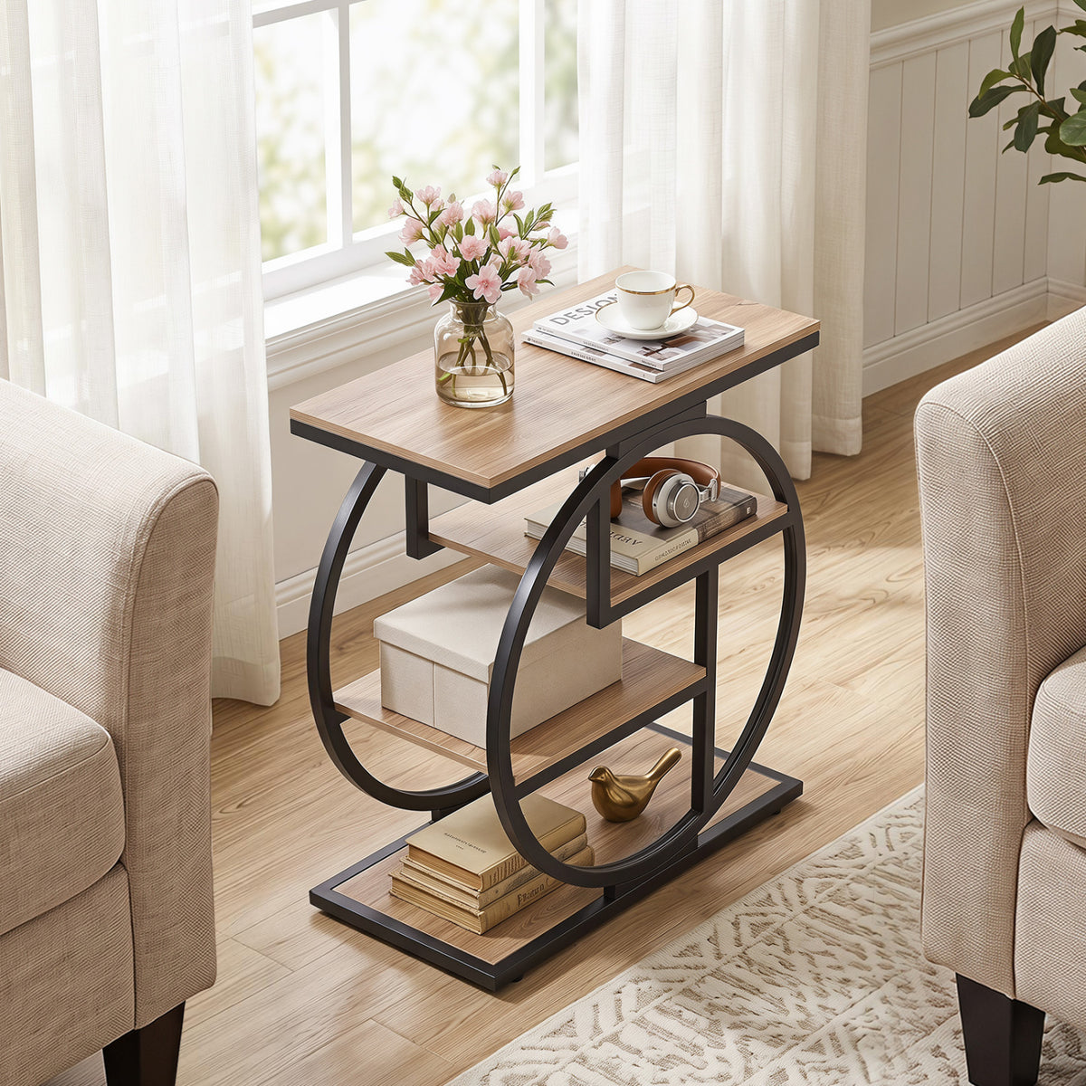 4-Tier Narrow End Table for Living Room with Storage Shelves-Gray-End & Side Tables-DECOROLALA