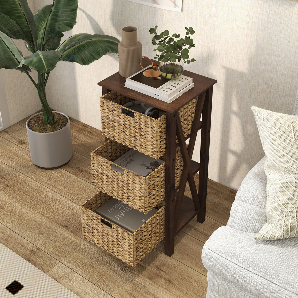 4-Tier Nightstand with 3 Seagrass Baskets Narrow X-Design-4 Tier-Rustic Brown-Nightstands-DECOROLALA