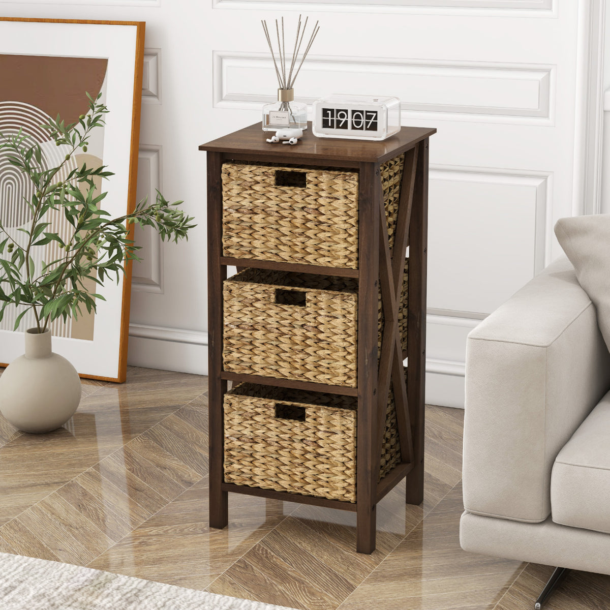 4-Tier Nightstand with 3 Seagrass Baskets Narrow X-Design-4 Tier-Rustic Brown-Nightstands-DECOROLALA