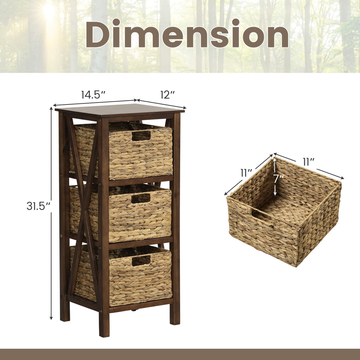 4-Tier Nightstand with 3 Seagrass Baskets Narrow X-Design-4 Tier-Rustic Brown-Nightstands-DECOROLALA