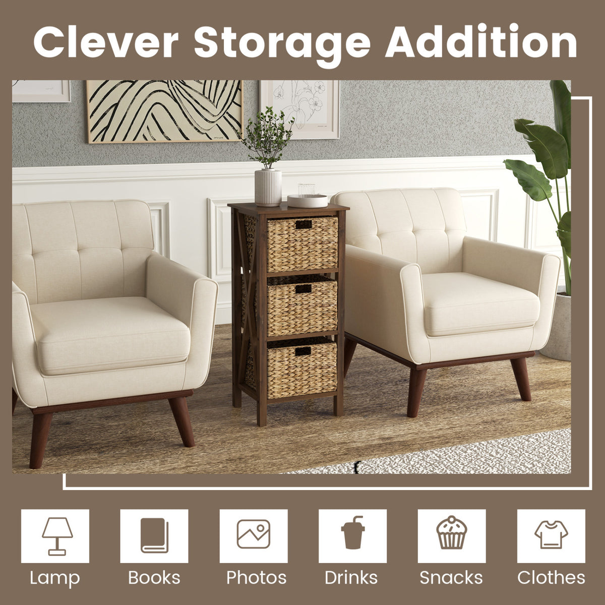 4-Tier Nightstand with 3 Seagrass Baskets Narrow X-Design-4 Tier-Rustic Brown-Nightstands-DECOROLALA
