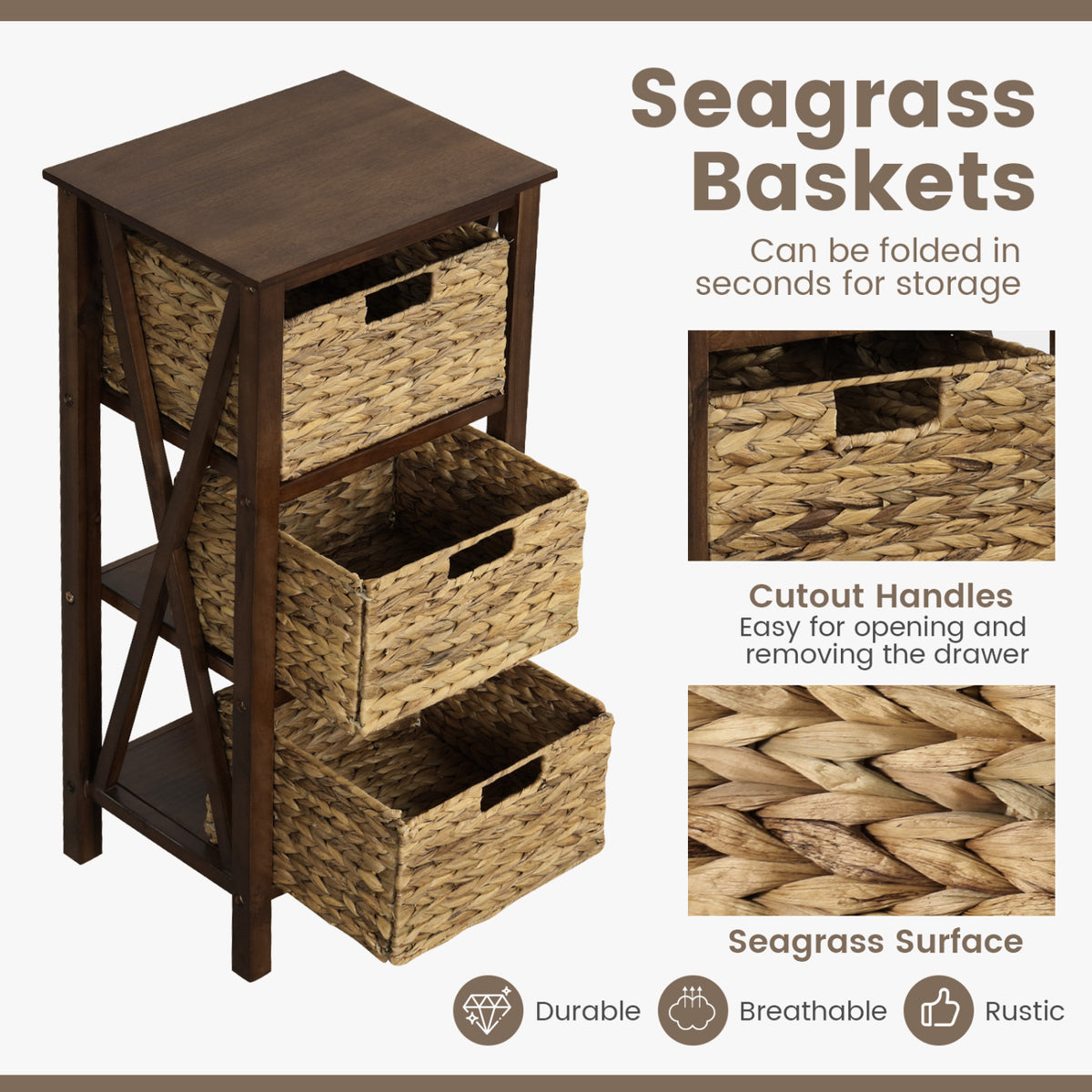 4-Tier Nightstand with 3 Seagrass Baskets Narrow X-Design-4 Tier-Rustic Brown-Nightstands-DECOROLALA