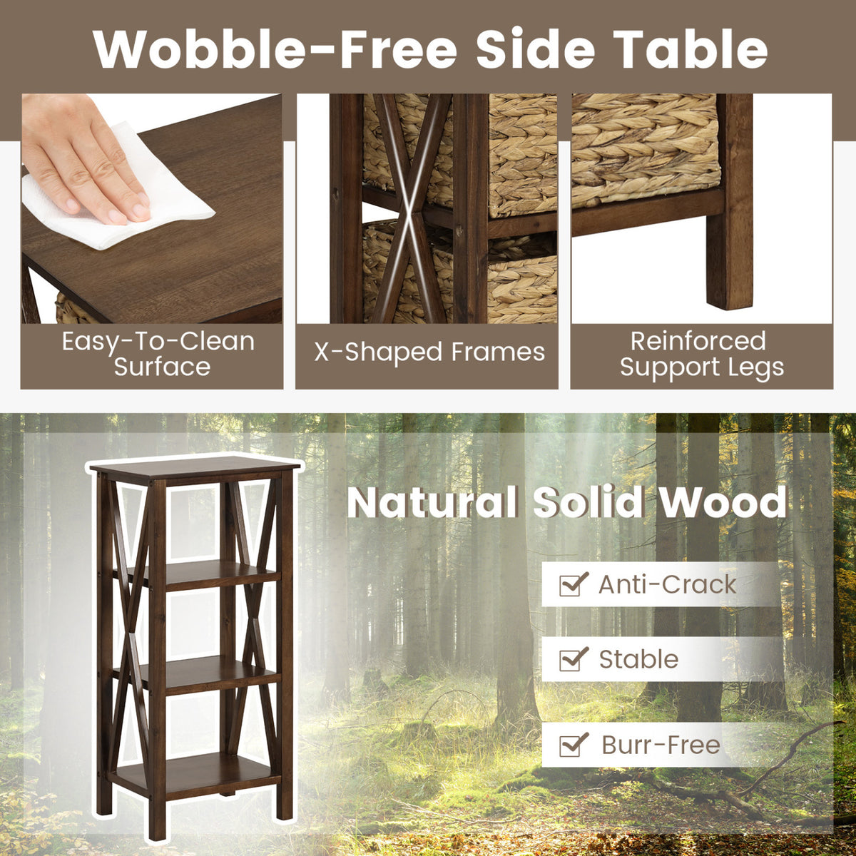 4-Tier Nightstand with 3 Seagrass Baskets Narrow X-Design-4 Tier-Rustic Brown-Nightstands-DECOROLALA