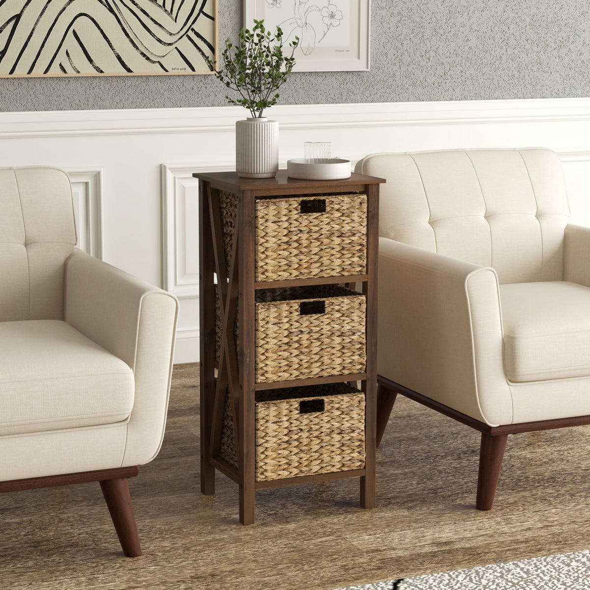 4-Tier Nightstand with 3 Seagrass Baskets Narrow X-Design-4 Tier-Rustic Brown-Nightstands-DECOROLALA