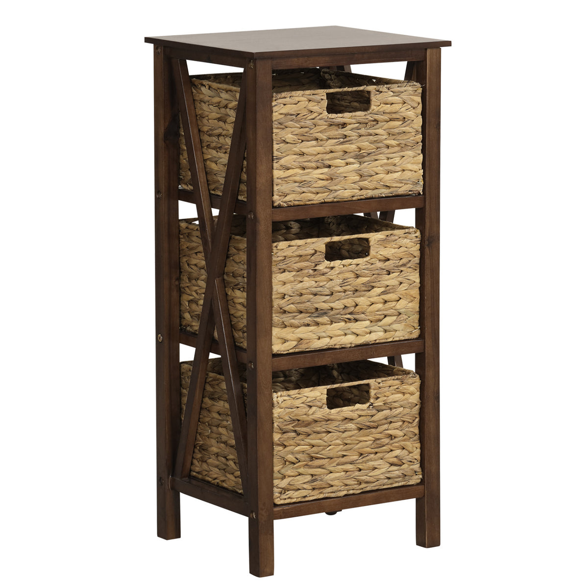 4-Tier Nightstand with 3 Seagrass Baskets Narrow X-Design-4 Tier-Rustic Brown-Nightstands-DECOROLALA