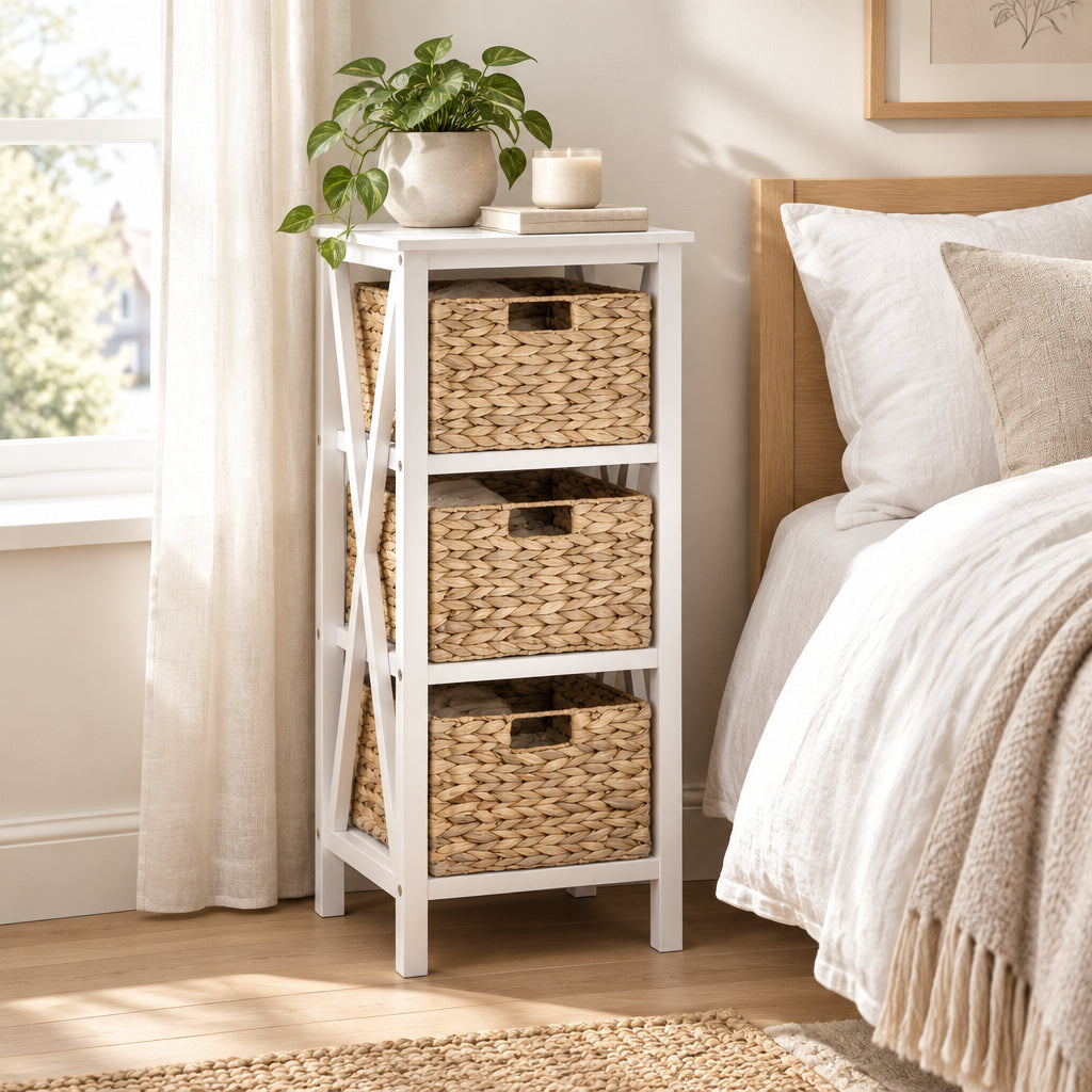 4-Tier Nightstand with 3 Seagrass Baskets Narrow X-Design-4 Tier-White-Nightstands-DECOROLALA