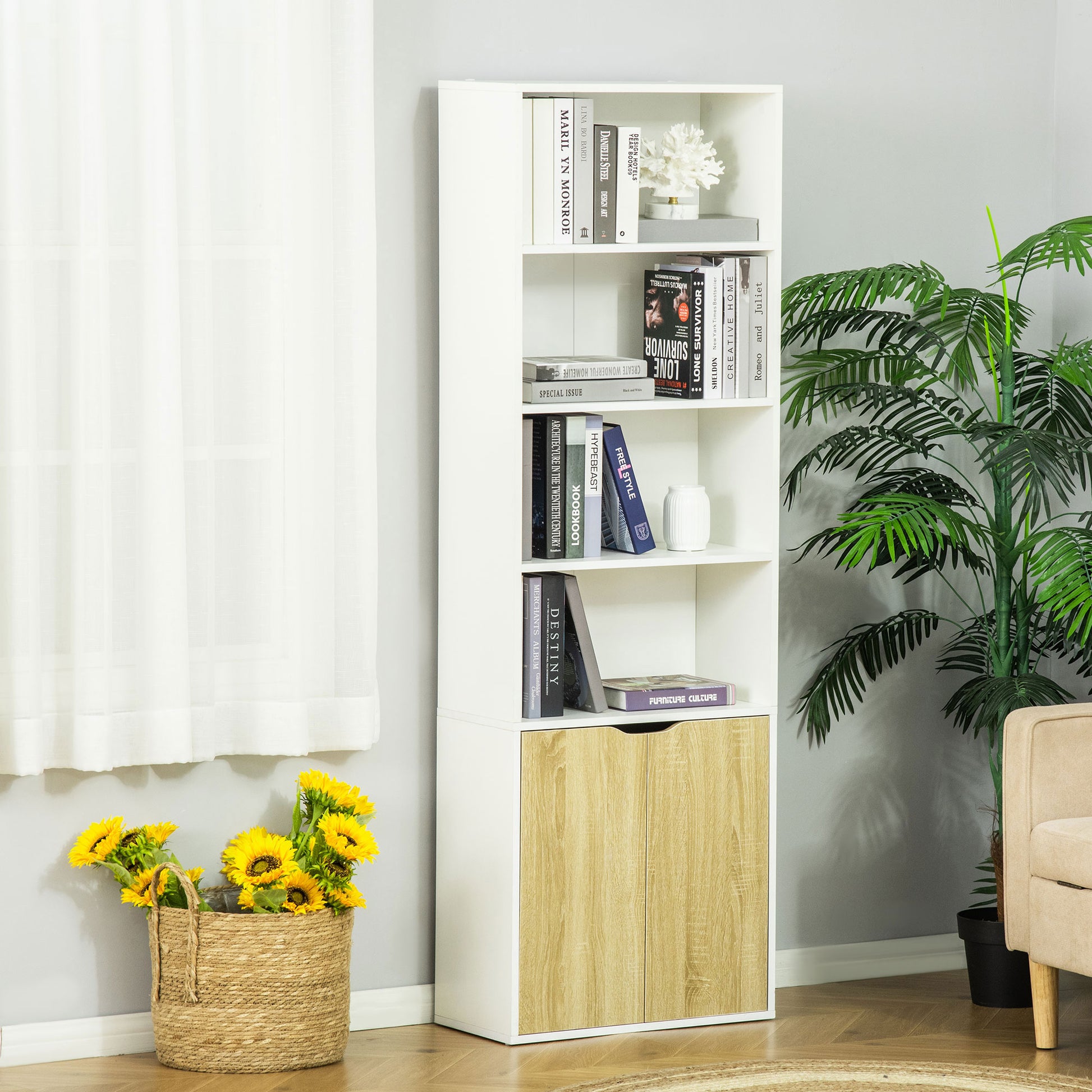 4-Tier Open Bookshelf with Doors Modern Home Office Bookcase Storage Cabinet for Living Room Bathroom Study, Oak-Home Furnishings > Storage & Organization > Bookshelves & Bookcases > White Bookshelves-DECOROLALA