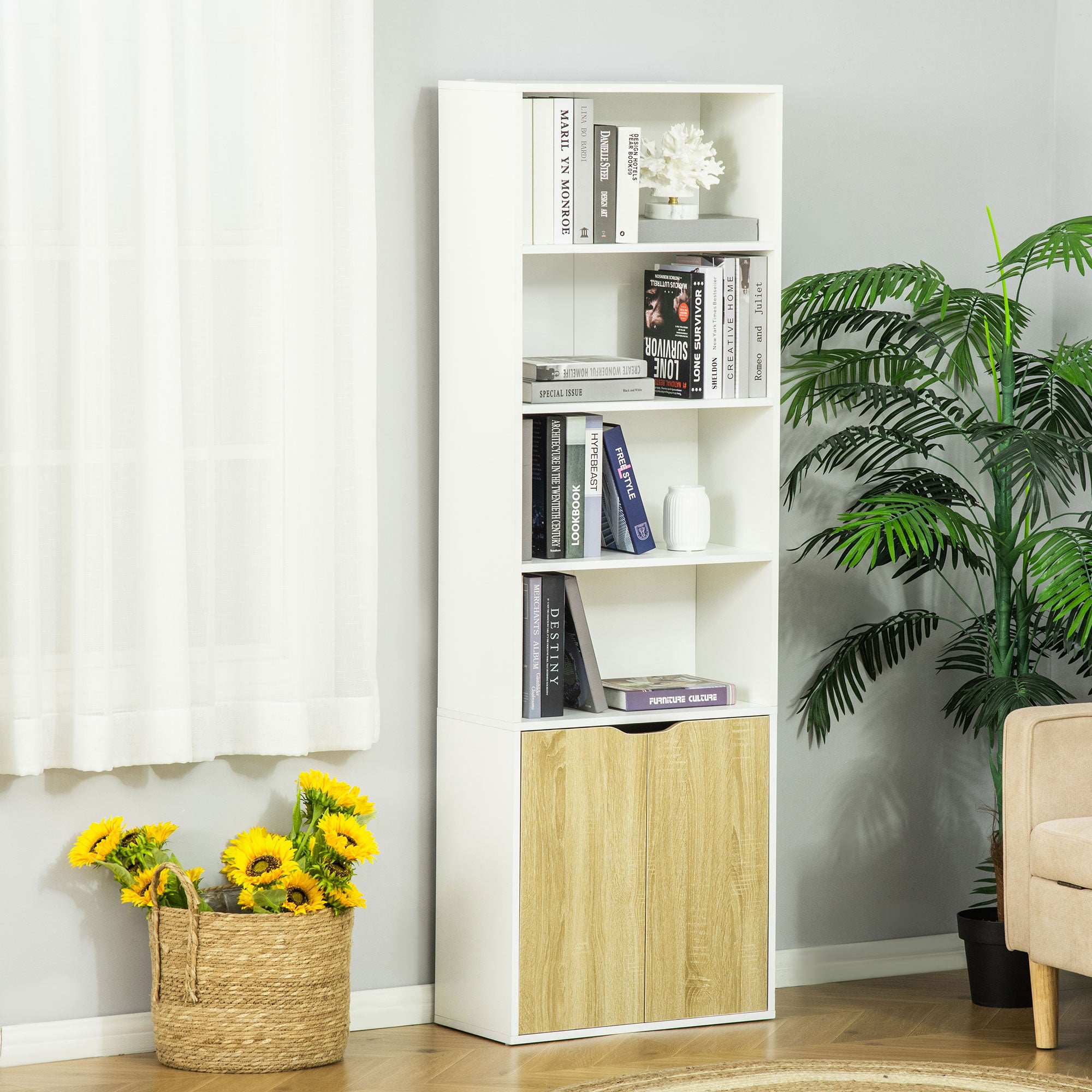 4-Tier Open Bookshelf with Doors Modern Home Office Bookcase Storage Cabinet for Living Room Bathroom Study, Oak-Home Furnishings > Storage & Organization > Bookshelves & Bookcases > White Bookshelves-DECOROLALA