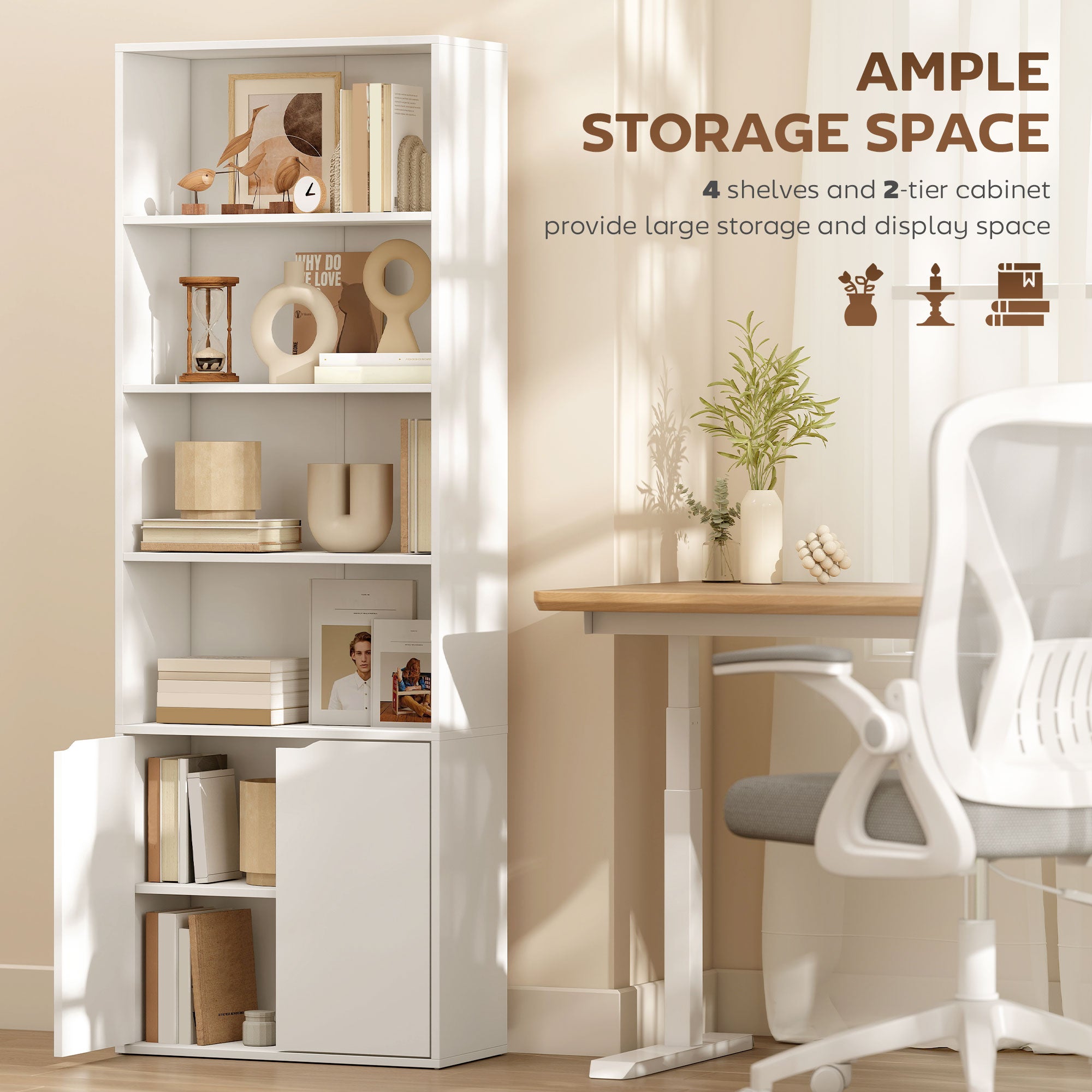 4-Tier Open Bookshelf with Doors Modern Home Office Bookcase Storage Cabinet for Living Room Bathroom Study, White-Home Furnishings > Storage & Organization > Bookshelves & Bookcases > White Bookshelves-DECOROLALA