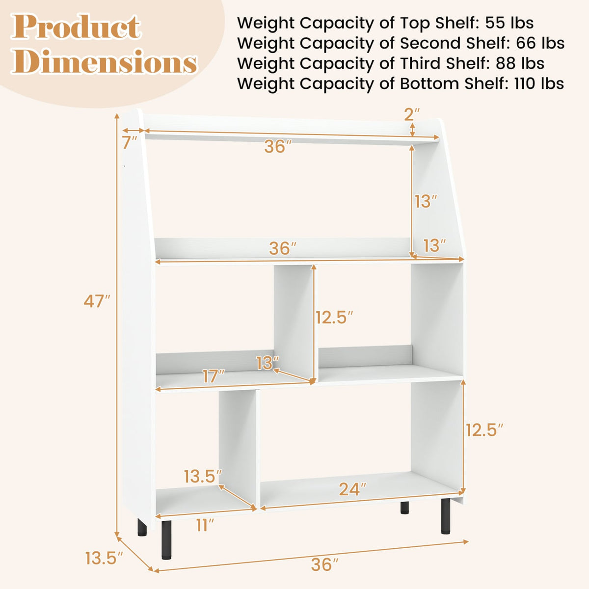 4-Tier Open Modern Bookcase with 2 Anti-Tipping Kits-White-Bookcases-DECOROLALA
