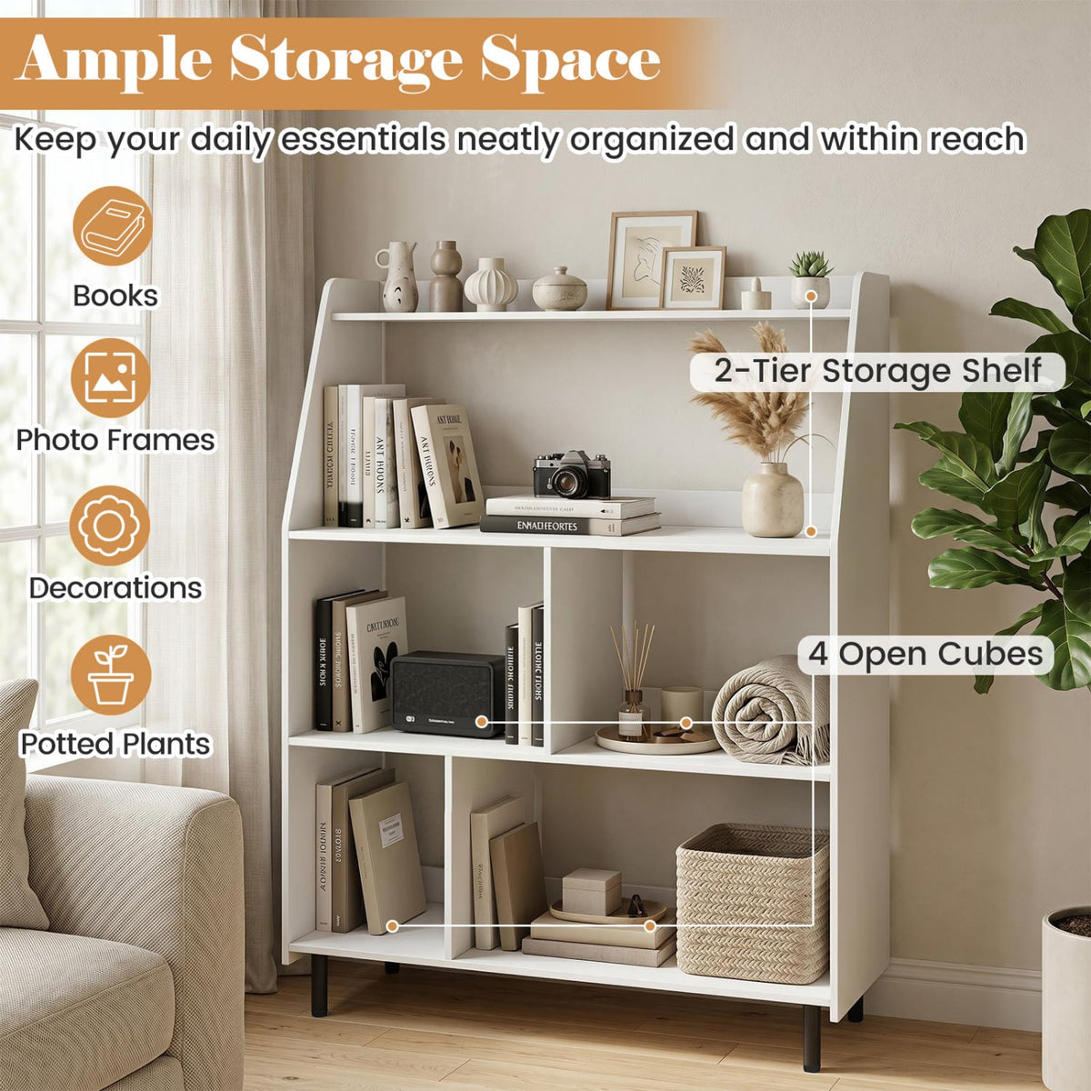 4-Tier Open Modern Bookcase with 2 Anti-Tipping Kits-White-Bookcases-DECOROLALA