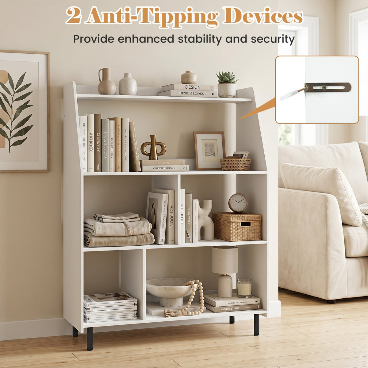 4-Tier Open Modern Bookcase with 2 Anti-Tipping Kits-White-Bookcases-DECOROLALA