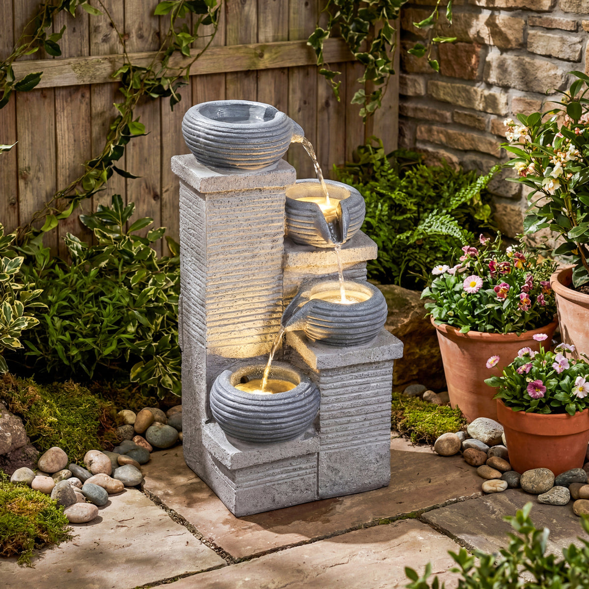 4-Tier Outdoor Water Fountain Cascading Bowl Waterfall Fountain with LED Lights-Outdoor Water Fountains-DECOROLALA