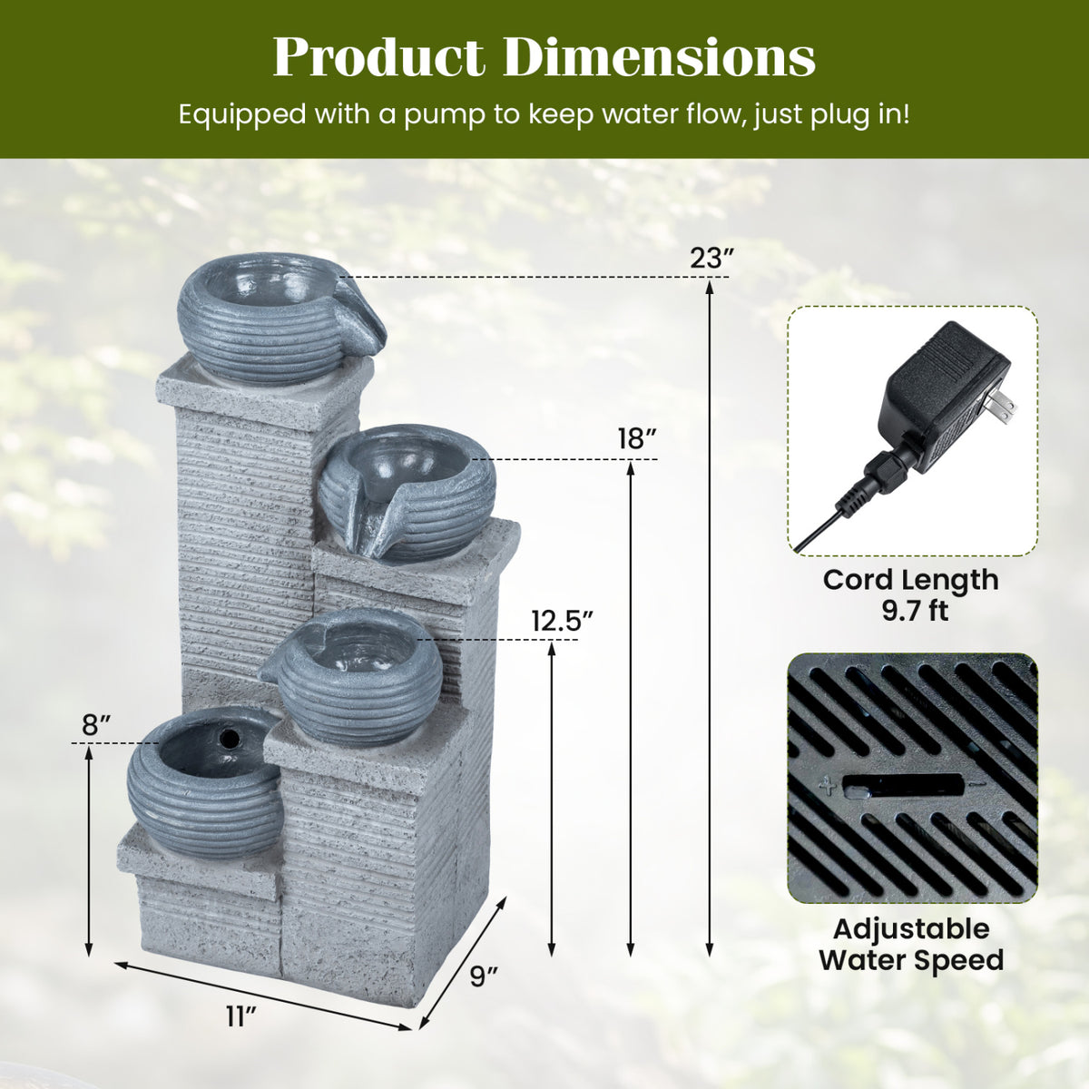 4-Tier Outdoor Water Fountain Cascading Bowl Waterfall Fountain with LED Lights-Outdoor Water Fountains-DECOROLALA