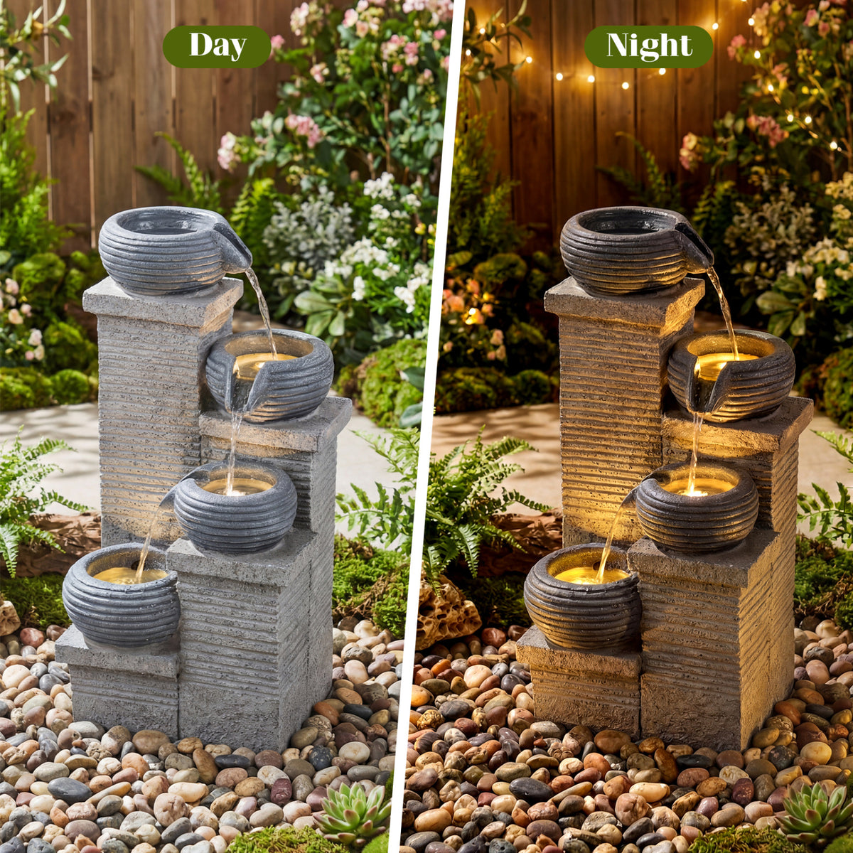 4-Tier Outdoor Water Fountain Cascading Bowl Waterfall Fountain with LED Lights-Outdoor Water Fountains-DECOROLALA