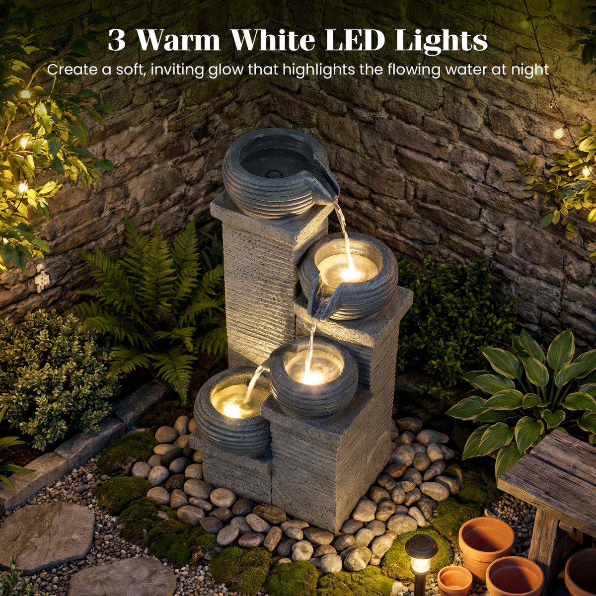 4-Tier Outdoor Water Fountain Cascading Bowl Waterfall Fountain with LED Lights-Outdoor Water Fountains-DECOROLALA