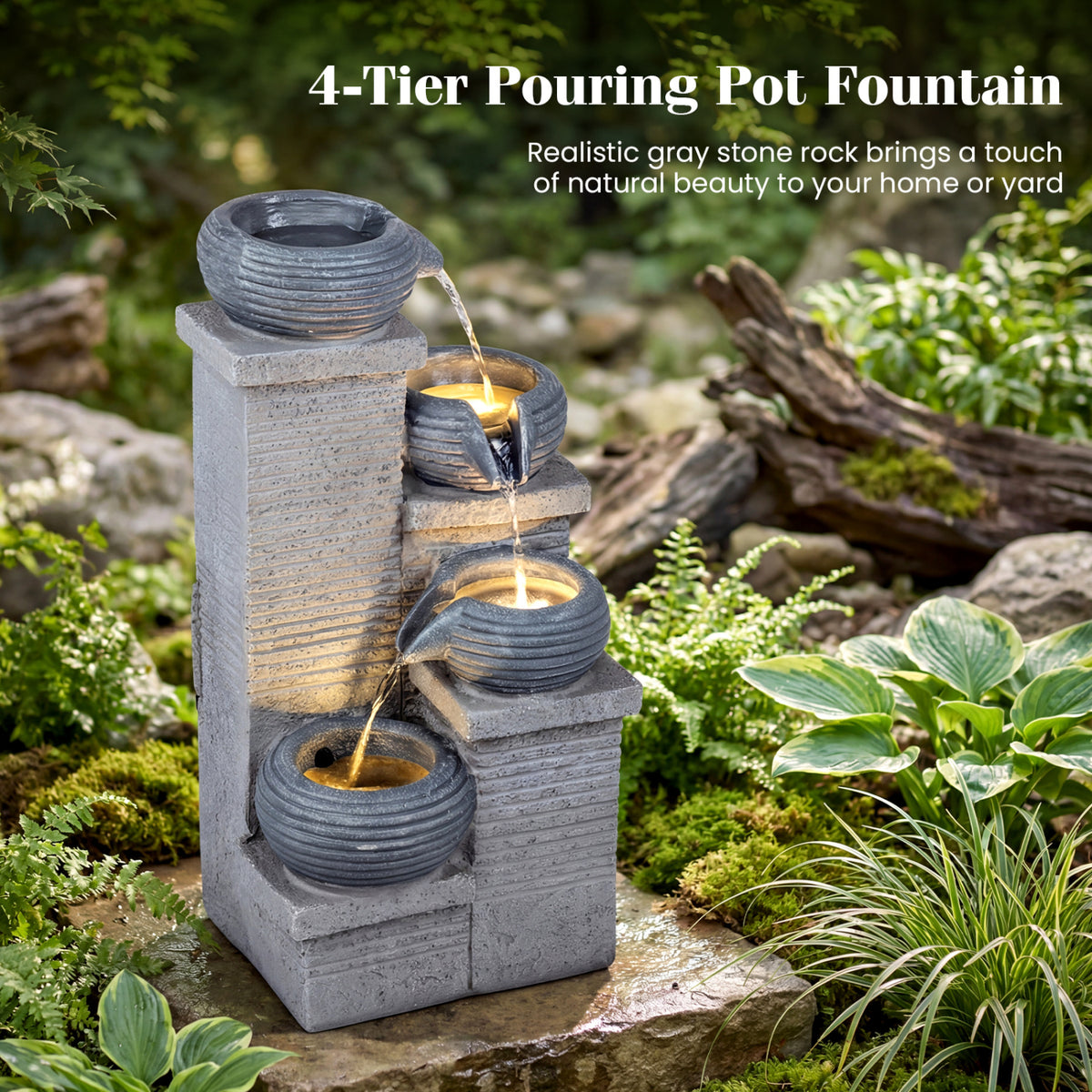 4-Tier Outdoor Water Fountain Cascading Bowl Waterfall Fountain with LED Lights-Outdoor Water Fountains-DECOROLALA