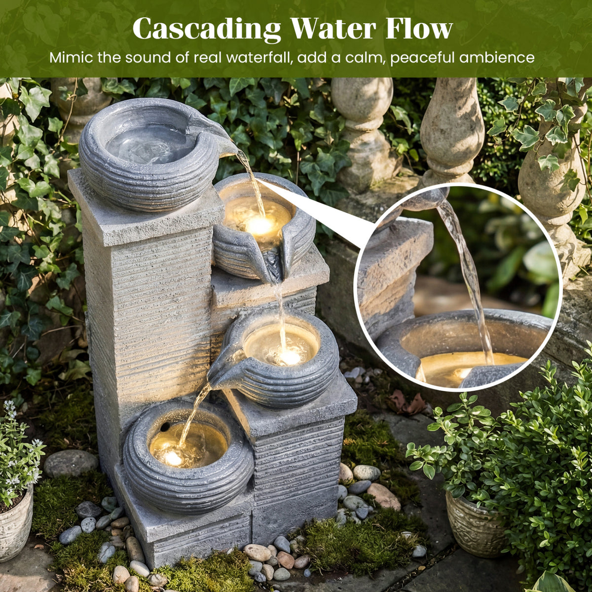 4-Tier Outdoor Water Fountain Cascading Bowl Waterfall Fountain with LED Lights-Outdoor Water Fountains-DECOROLALA
