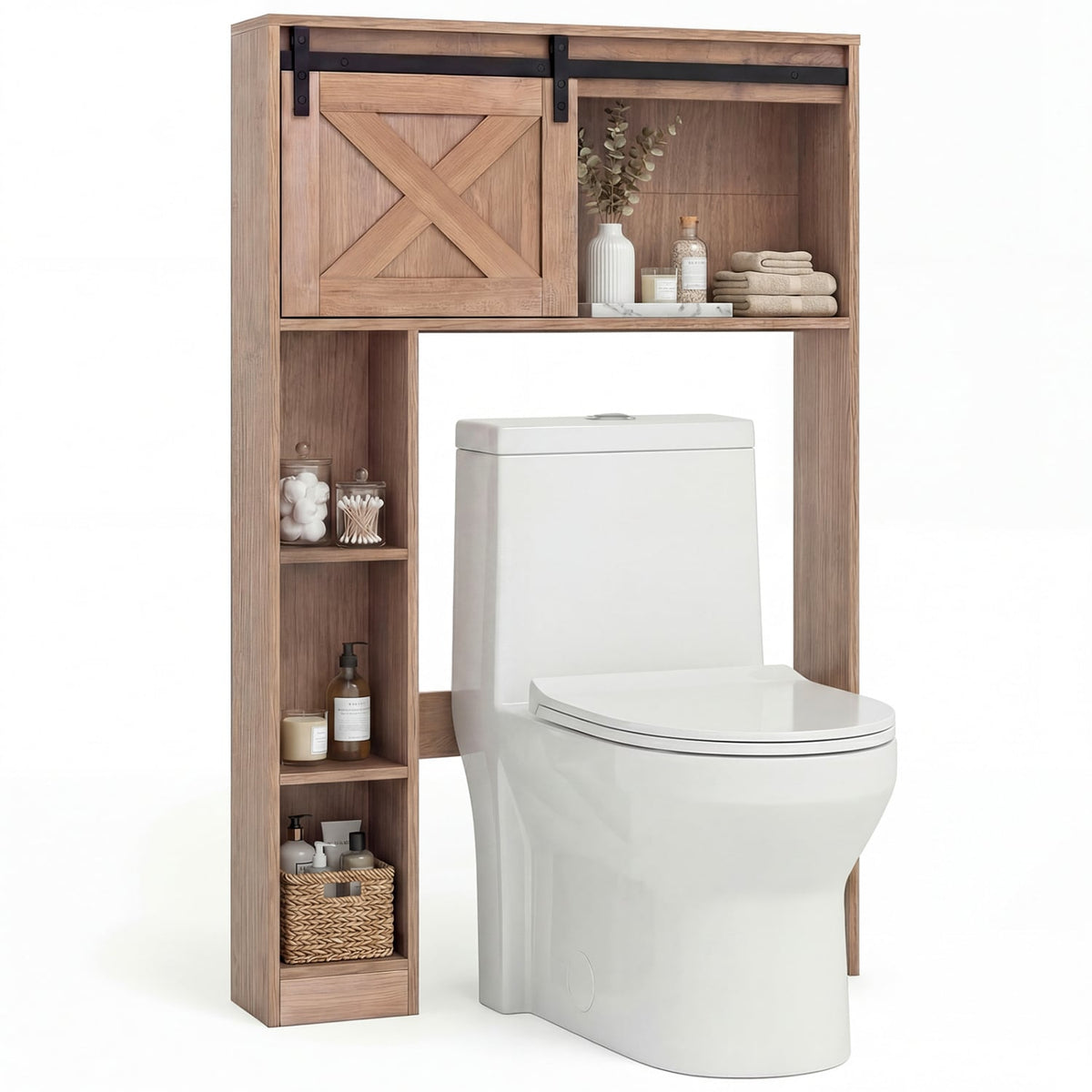 4-Tier Over The Toilet Storage Cabinet with Sliding Barn Door and Storage Shelves-Brown-Over the Toilet Storage-DECOROLALA