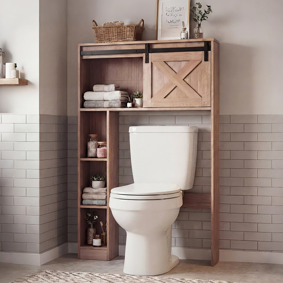 4-Tier Over The Toilet Storage Cabinet with Sliding Barn Door and Storage Shelves-Brown-Over the Toilet Storage-DECOROLALA