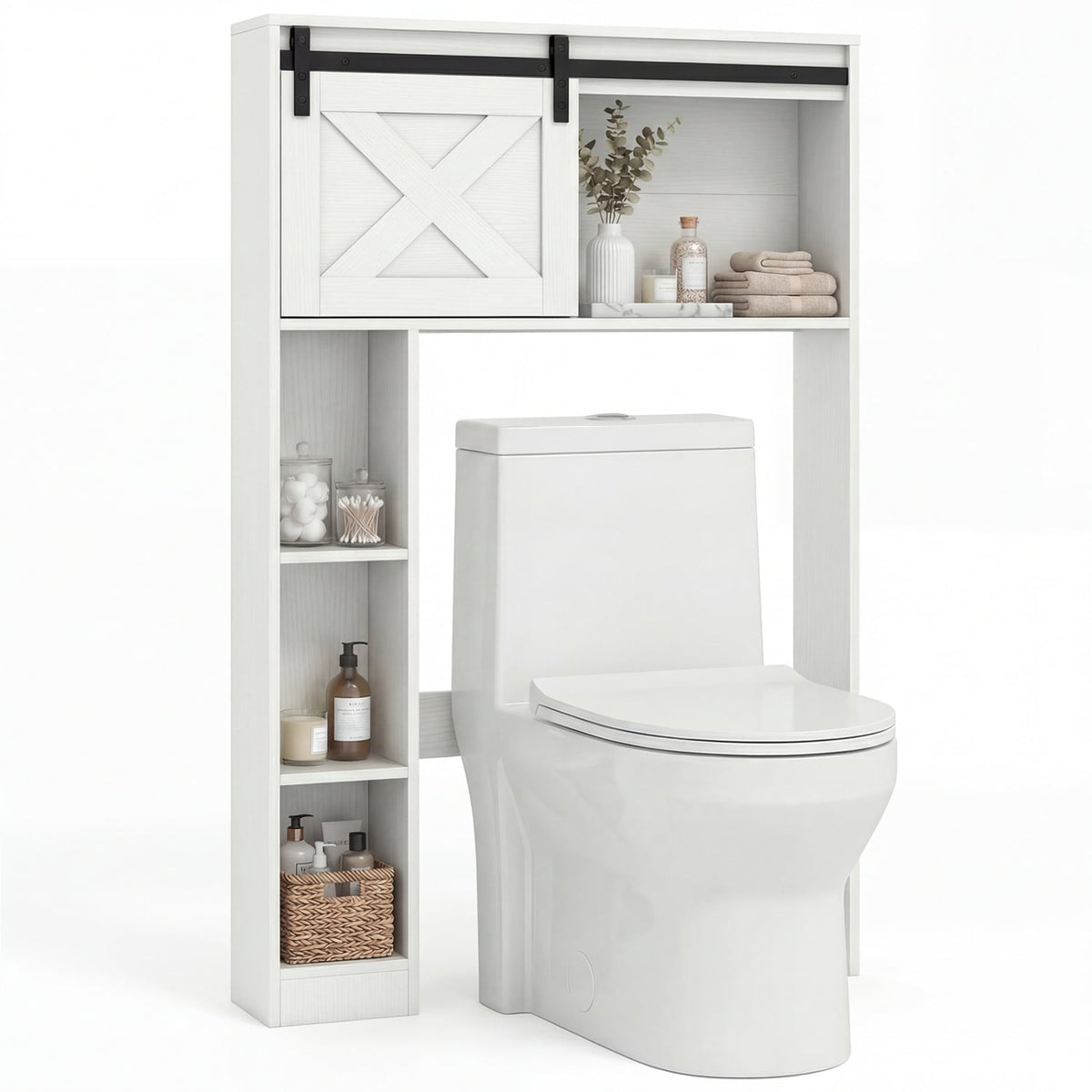 4-Tier Over The Toilet Storage Cabinet with Sliding Barn Door and Storage Shelves-White-Over the Toilet Storage-DECOROLALA