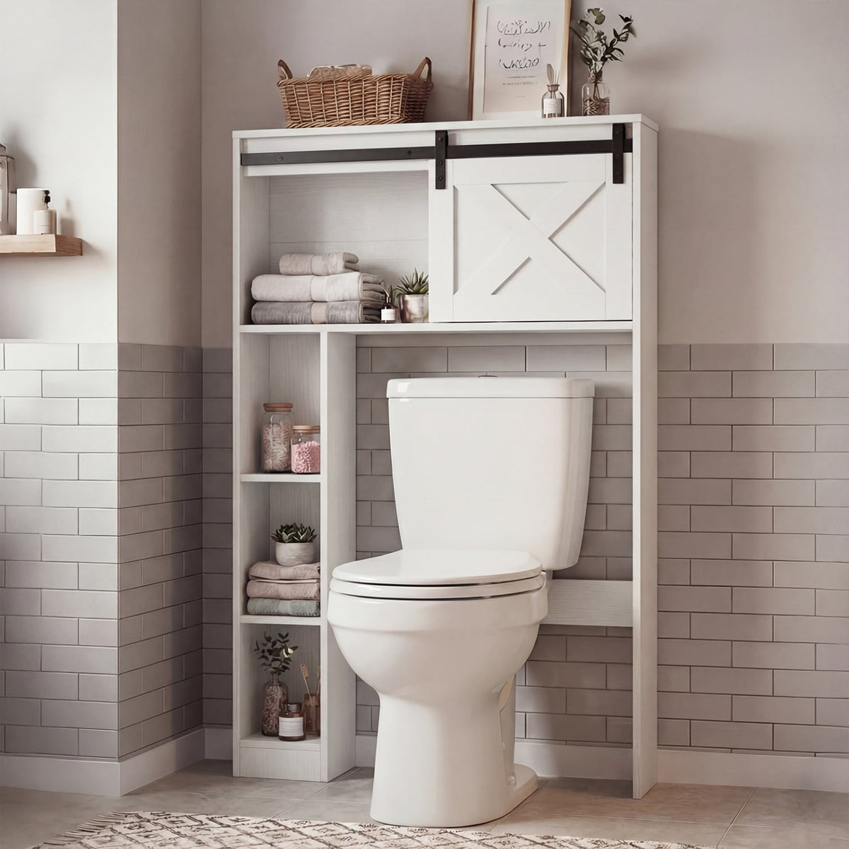 4-Tier Over The Toilet Storage Cabinet with Sliding Barn Door and Storage Shelves-White-Over the Toilet Storage-DECOROLALA