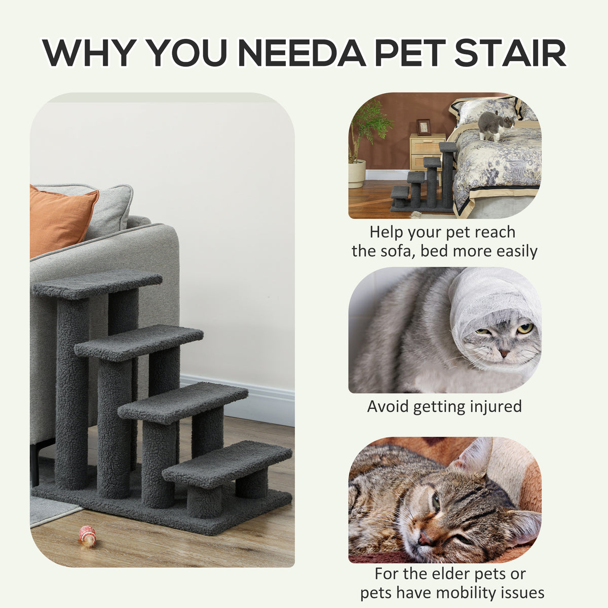 4-Tier Pet Stairs with Cat Scratching Posts - 23.5" Dark Grey-Cats-DECOROLALA