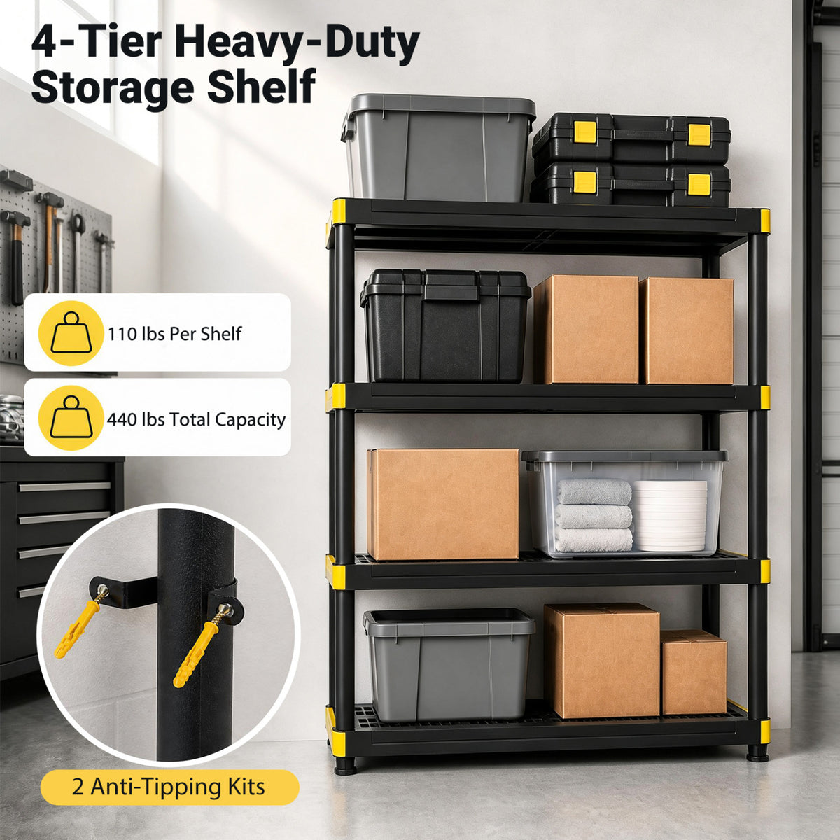 4-Tier Plastic Storage Shelf Heavy-Duty Utility Rack Freestanding Storage Rack-Black-Sheds & Outdoor Storage-DECOROLALA