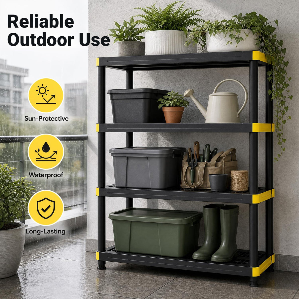 4-Tier Plastic Storage Shelf Heavy-Duty Utility Rack Freestanding Storage Rack-Black-Sheds & Outdoor Storage-DECOROLALA