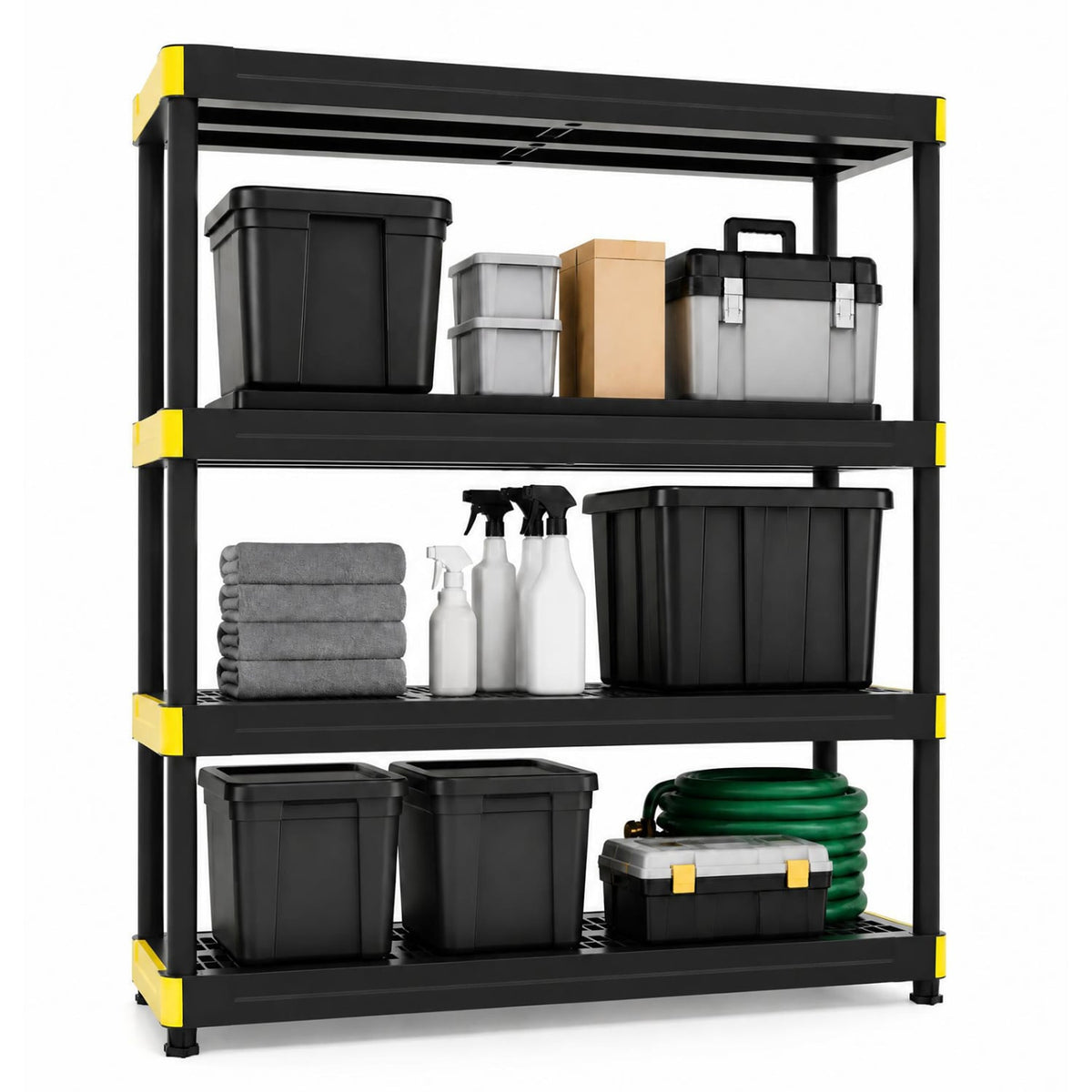 4-Tier Plastic Storage Shelf Heavy-Duty Utility Rack Freestanding Storage Rack-Black-Sheds & Outdoor Storage-DECOROLALA
