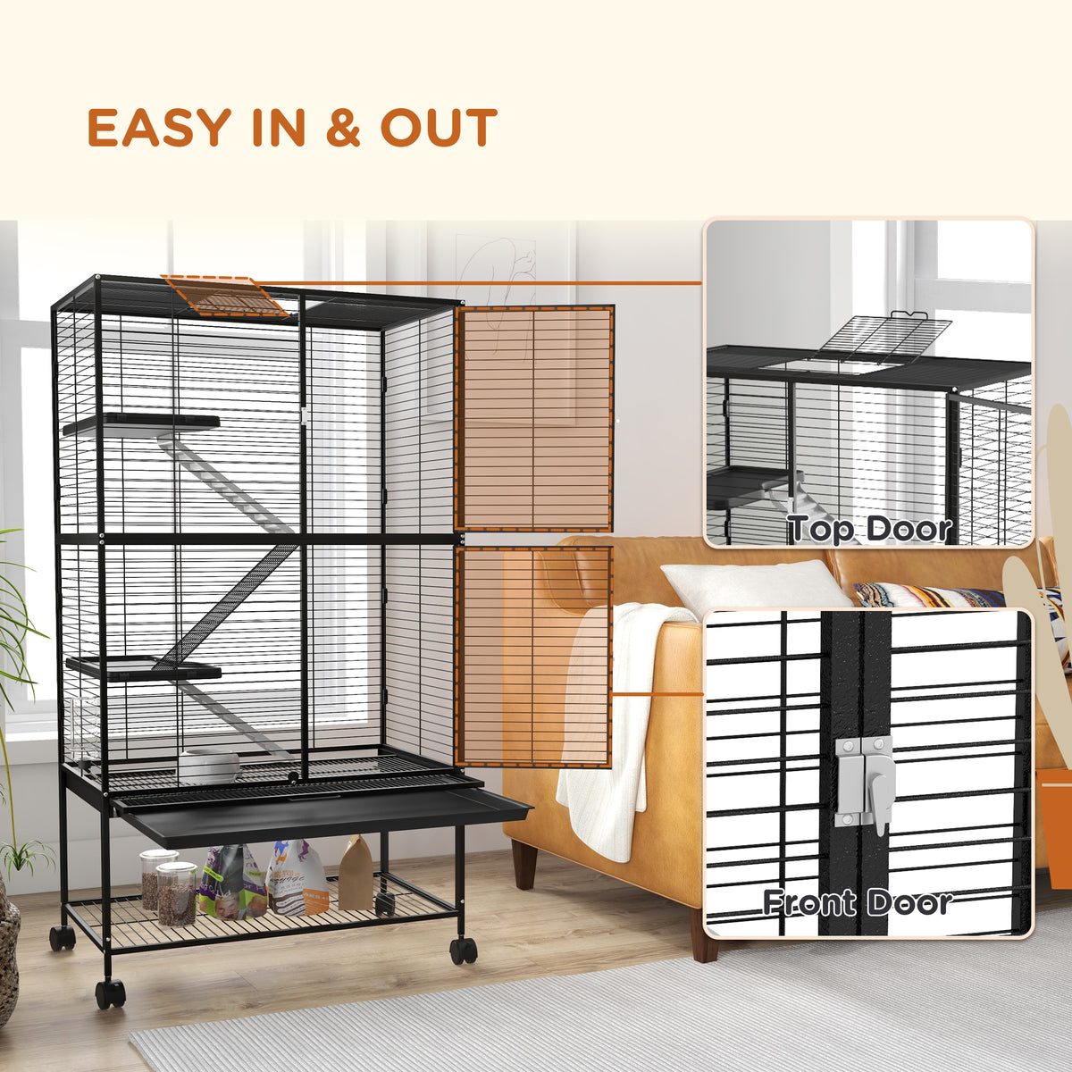 4-Tier Rolling Small Animal Cage - 54" Black Steel for Ferrets-Small Animals-DECOROLALA