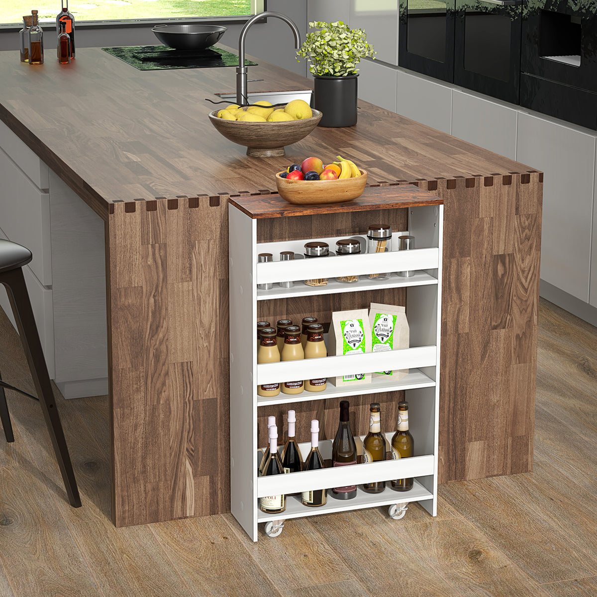 4-Tier Rolling Storage Cart Slim Kitchen Cart on Wheels with Open Shelves and Handle-Rustic Brown-Kitchen Islands & Carts-DECOROLALA