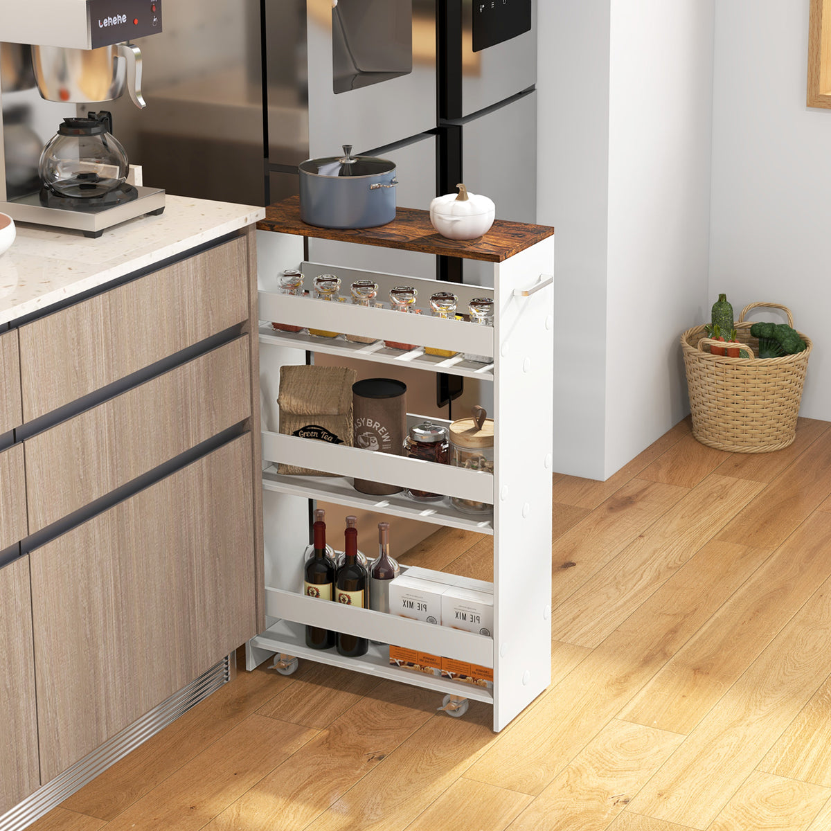 4-Tier Rolling Storage Cart Slim Kitchen Cart on Wheels with Open Shelves and Handle-Rustic Brown-Kitchen Islands & Carts-DECOROLALA